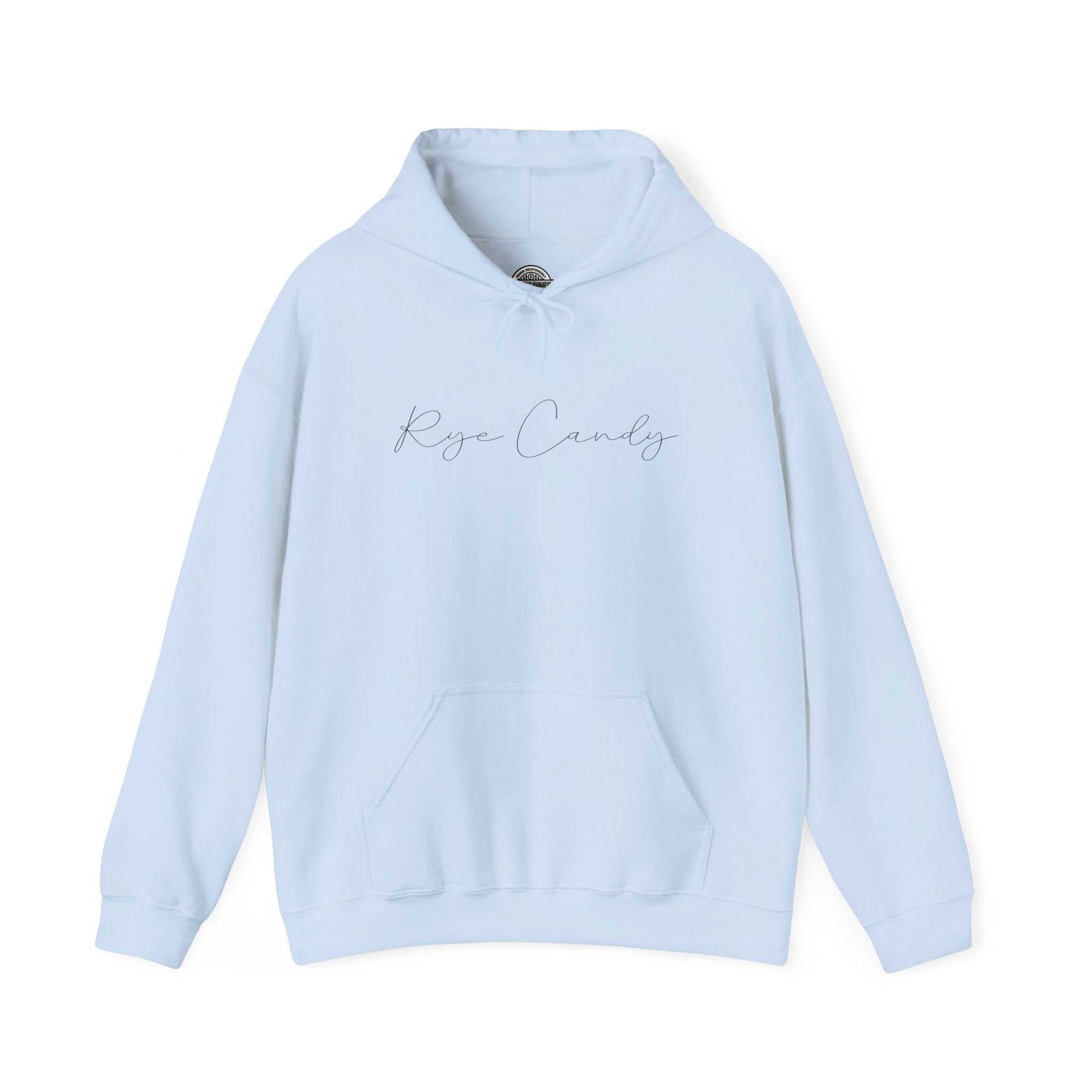 Light blue Graphic Whiskey Hooded Sweatshirt with 'Rye Candy' text, offering a soft, playful vibe for whiskey fans and casual wear.