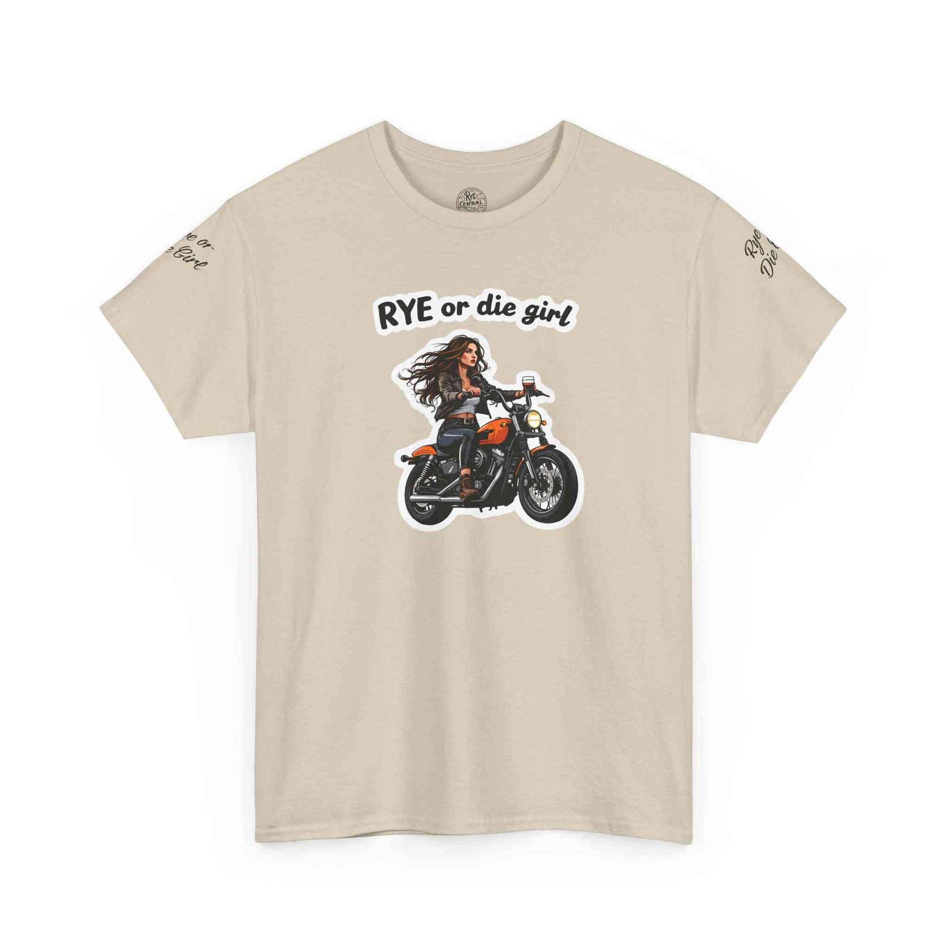 Beige 'Rye or Die Girl' whiskey t-shirt with biker girl artwork, a fun and stylish tee for whiskey enthusiasts and casual outfits.