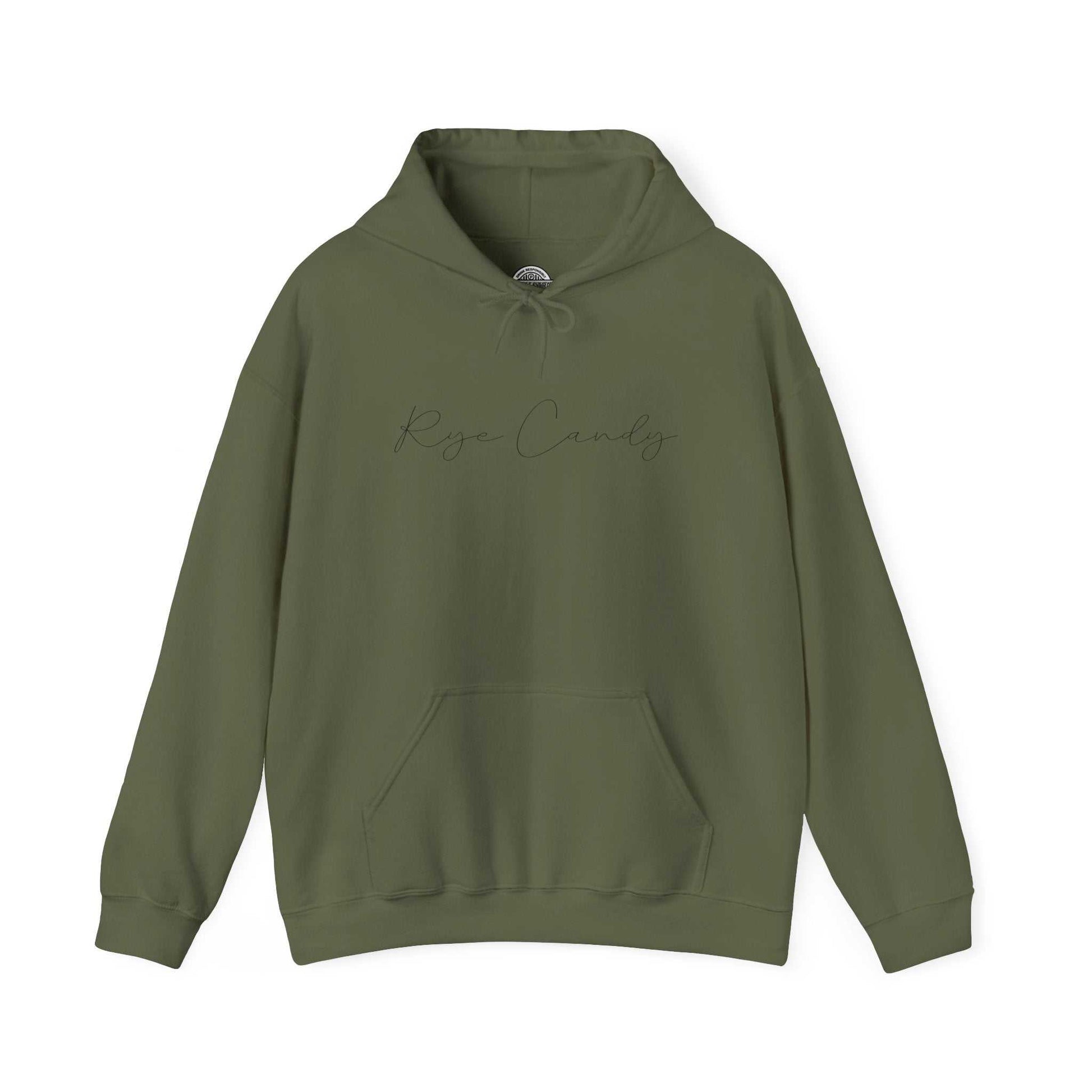 Olive green Graphic Whiskey Hooded Sweatshirt with 'Rye Candy' script, ideal for casual whiskey tasting or relaxed streetwear style.