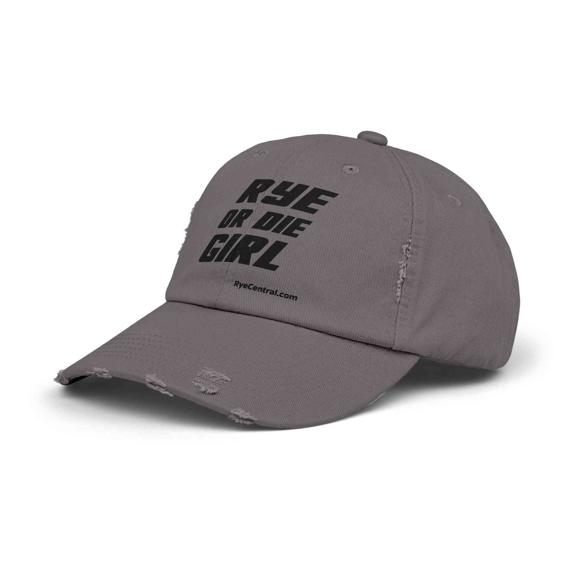Distressed whiskey hat in charcoal gray with 'Rye Or Die Girl' text, perfect for whiskey lovers and casual outings.