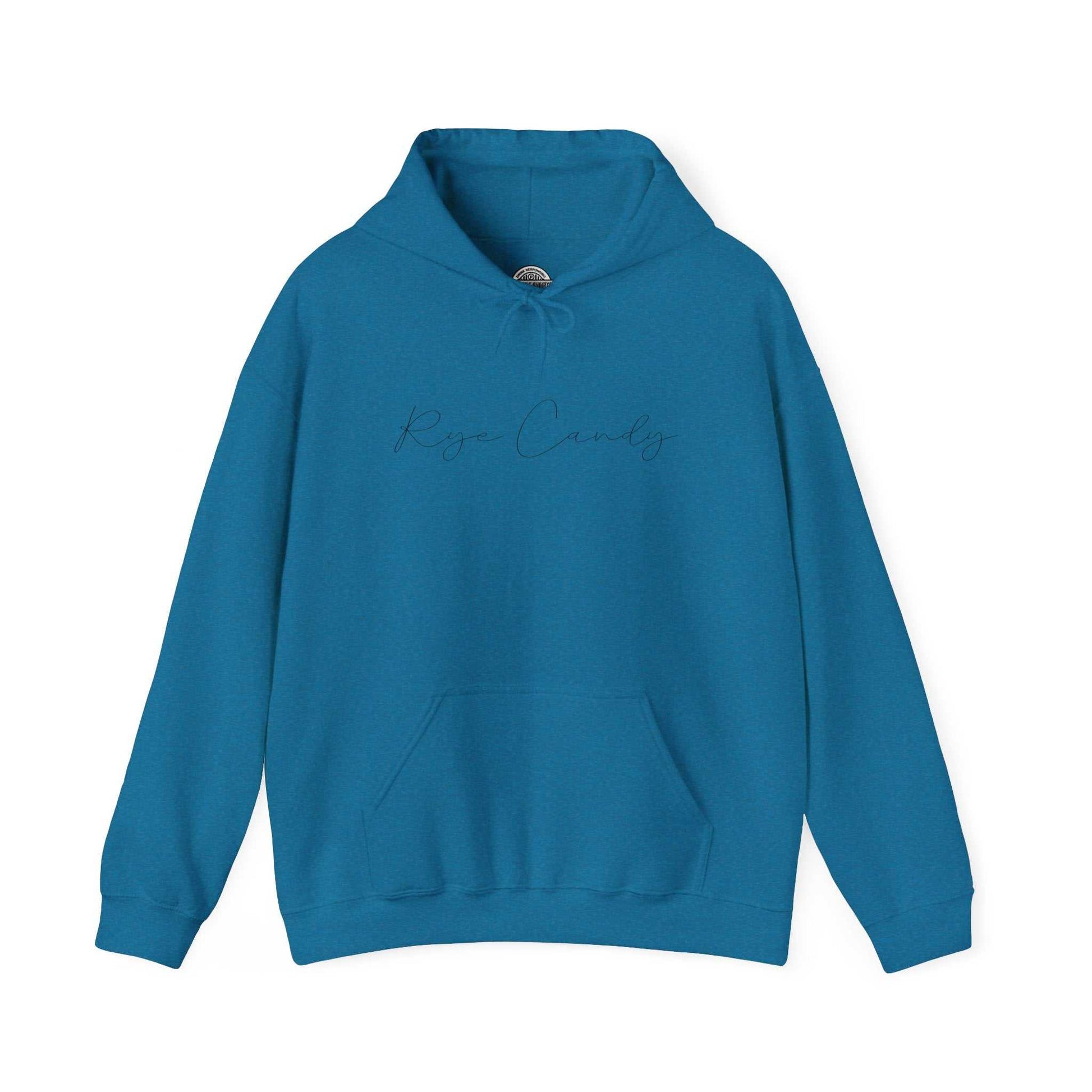 Teal Graphic Whiskey Hooded Sweatshirt with 'Rye Candy' lettering, combining bold color with whiskey-themed streetwear charm.