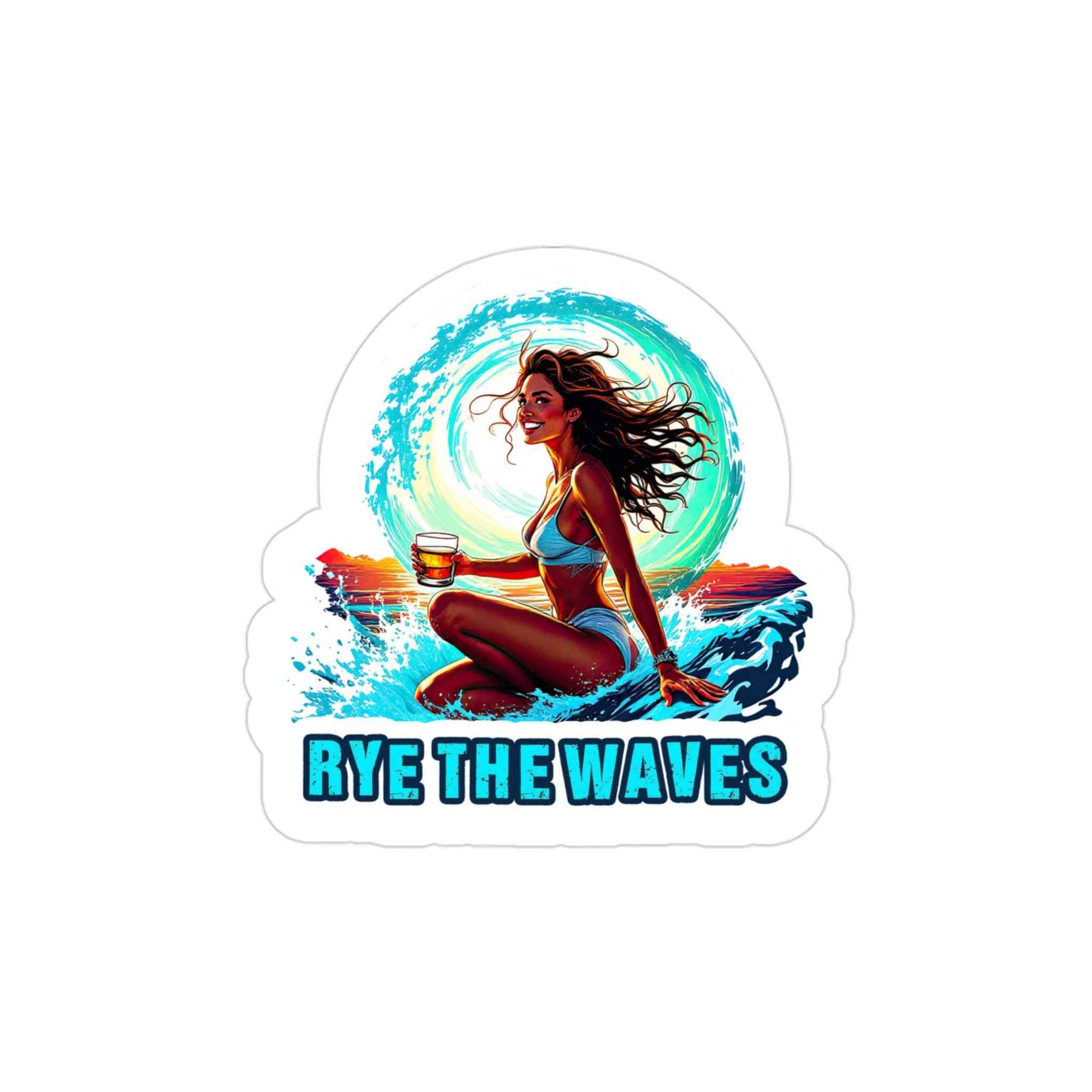 Playful Whiskey Sticker Rye The Waves with vibrant surf art and bold text, ideal for decorating personal items with humor and flair.