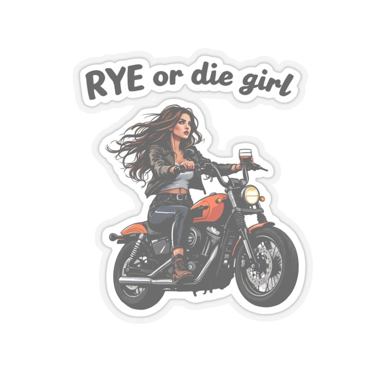 Unique Ride or Die Sticker with a biker girl and whiskey, great for embellishing gifts or personalizing craft projects.