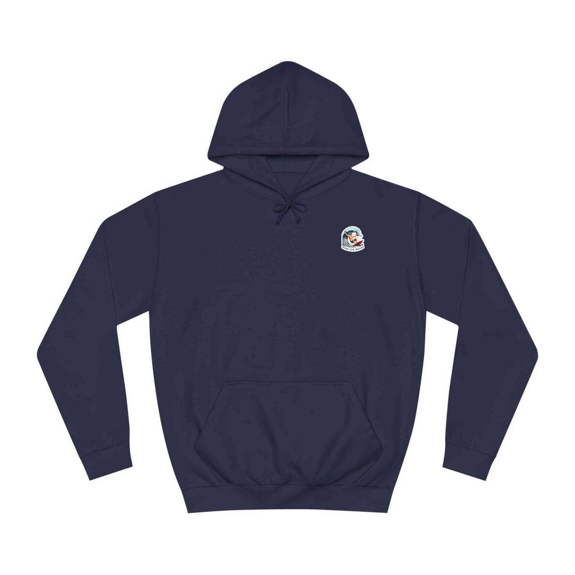 Navy Coastal Whiskey Hoodie Unisex with front chest surf patch, combining comfort and style for beachside or casual wear.
