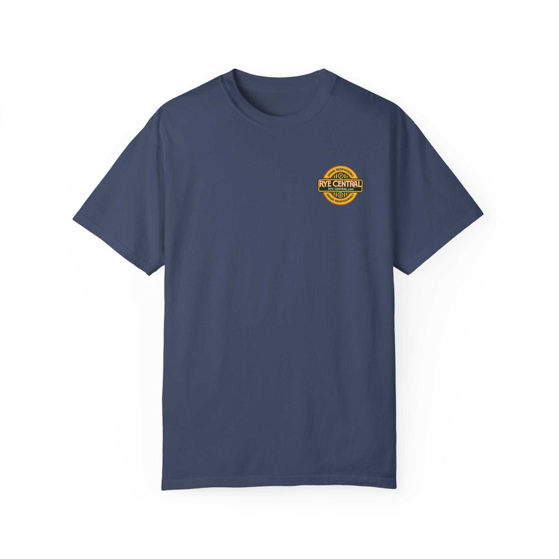 Front view of navy blue whiskey-themed t-shirt with small 'Rye Central' logo on chest, perfect for women who love rye whiskey.