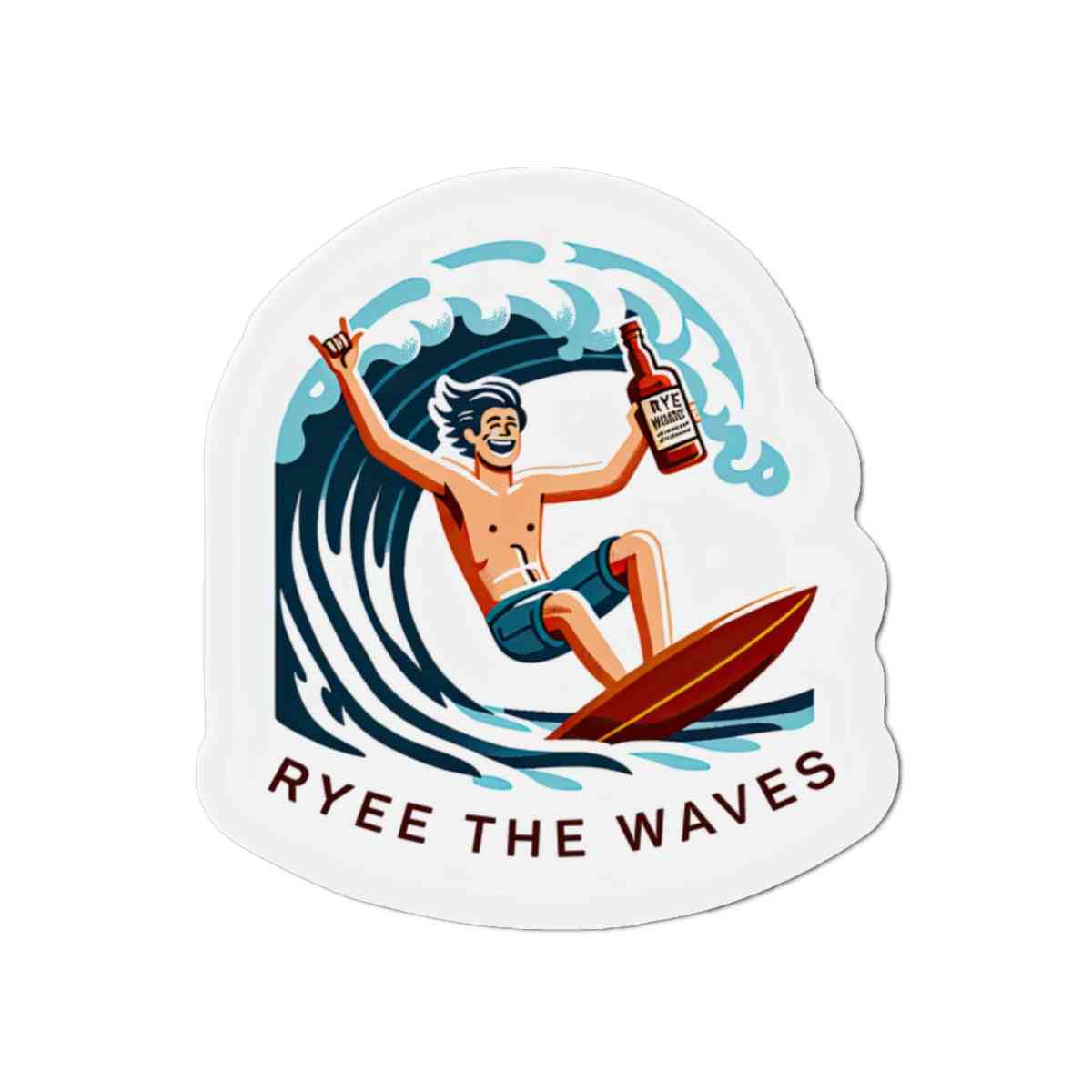Kitchen Whiskey Magnet Décor Rye The Waves with a vibrant surfer illustration and bold text. Ideal for whiskey lovers and surf-themed kitchens.