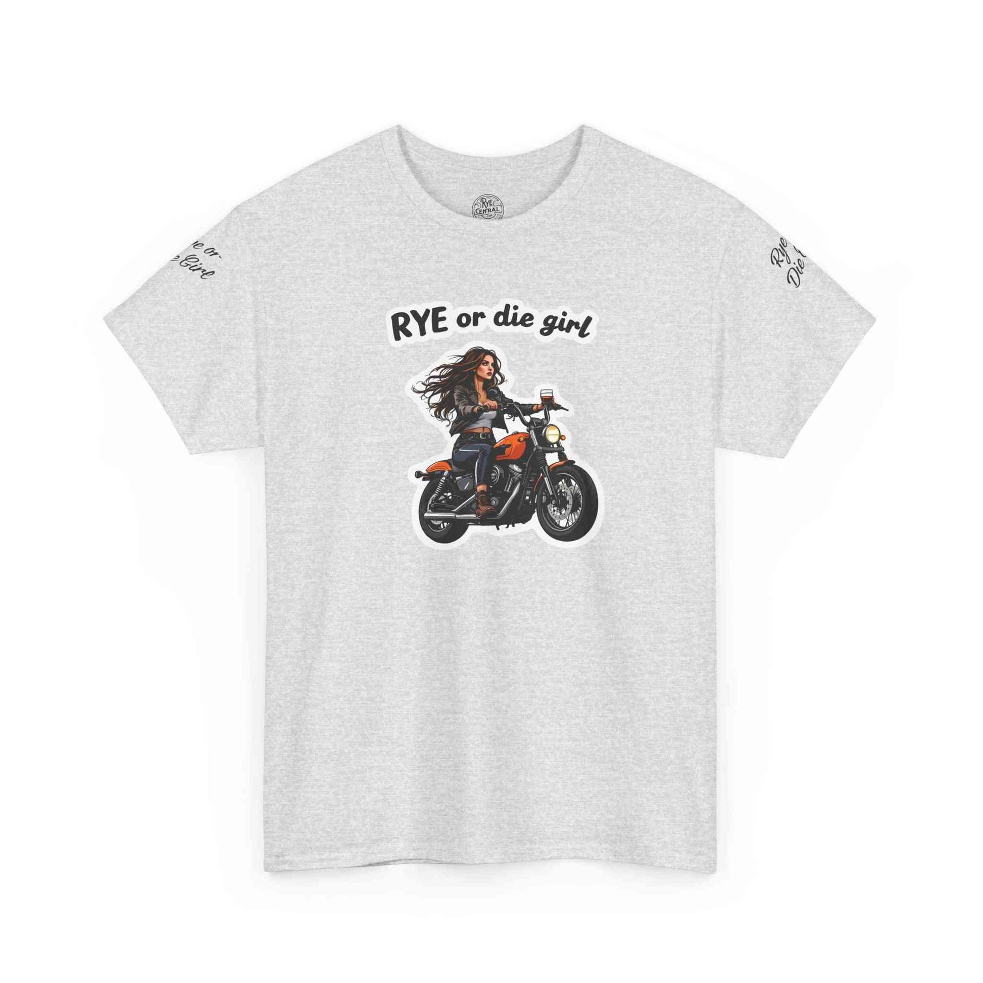 Heather gray funny whiskey shirt featuring 'Rye or Die Girl' slogan with biker girl illustration, ideal for whiskey fans and casual wear.