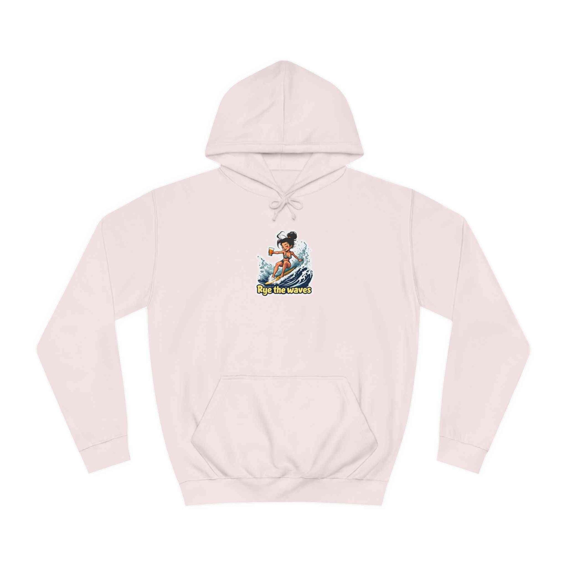 Soft pink Rye Whiskey Surf Hoodie with vibrant surf-themed graphic and relaxed fit, ideal for casual, cozy, and vegan-friendly fashion.
