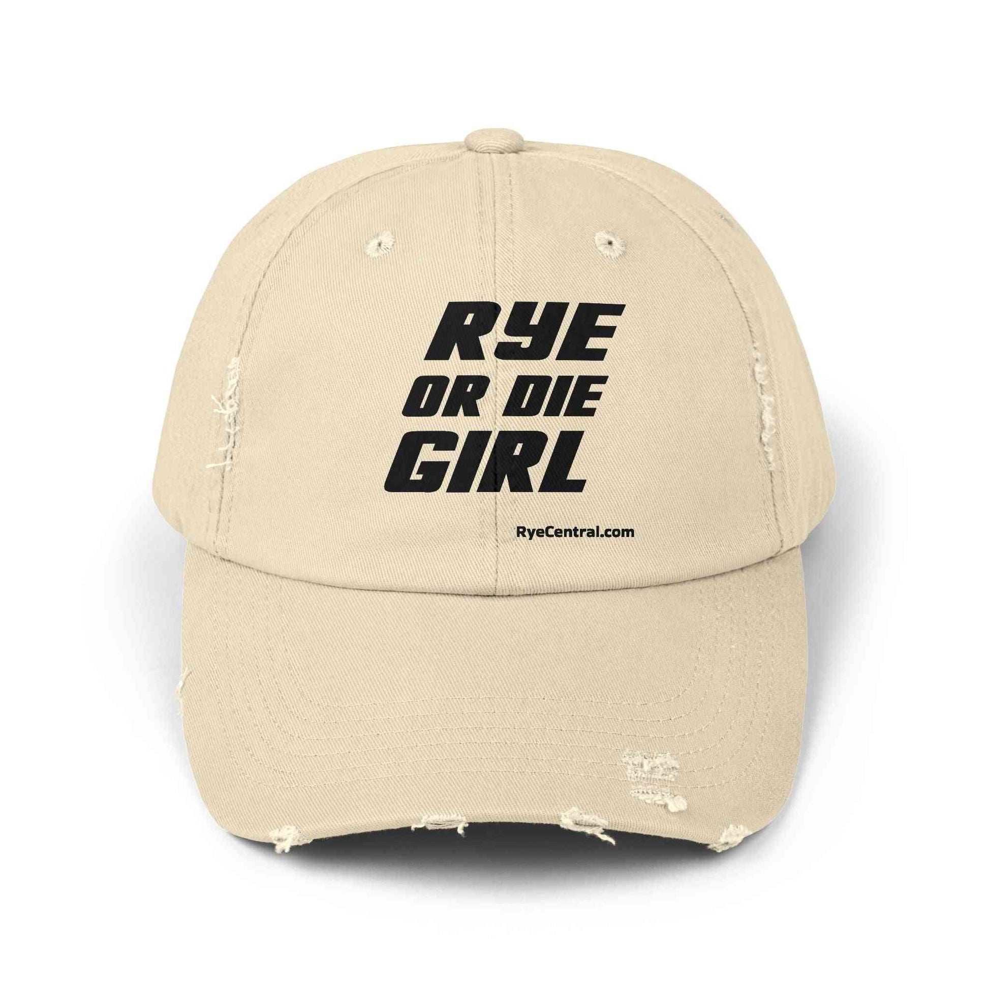 Beige cotton twill whiskey cap with distressed edges and 'Rye Or Die Girl' print, ideal for whiskey-tasting events.