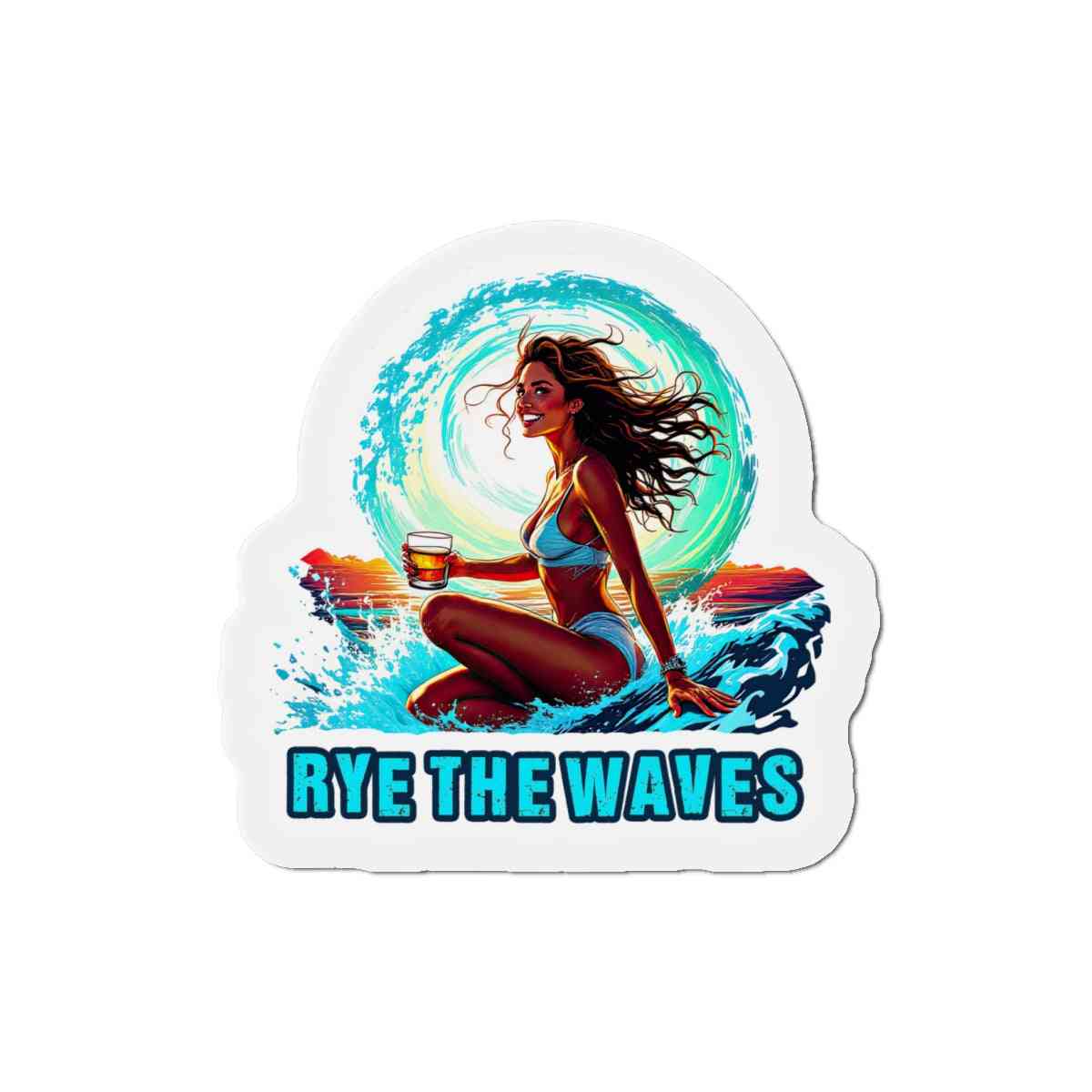 Fun and vibrant Surfer Girl Whiskey Magnet showcasing a beach scene and rye whiskey theme, perfect for surf lovers and magnet collectors.