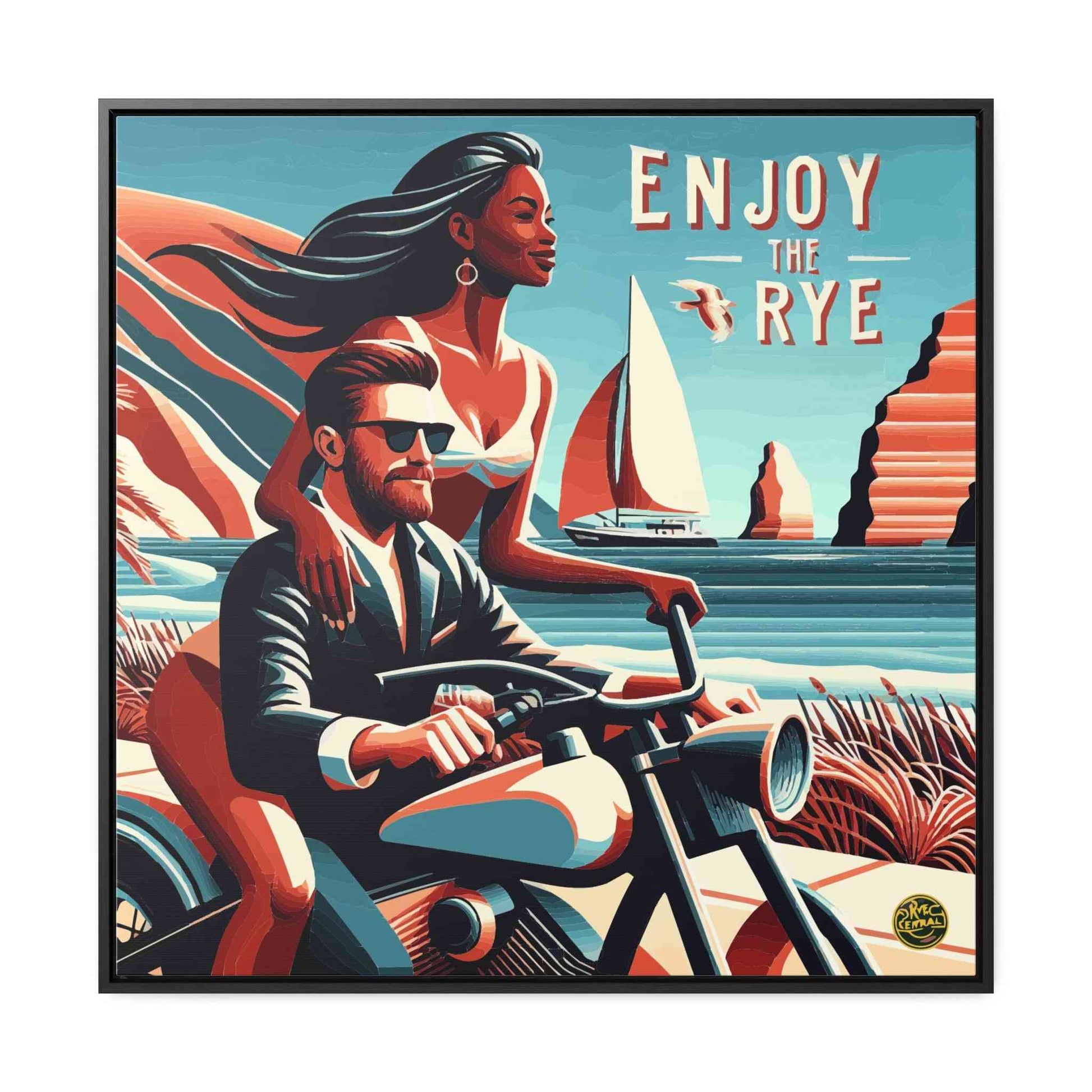 Enjoy The Rye Canvas Art with a vibrant coastal scene and motorcycle couple, ideal for whiskey-inspired home wall decoration.