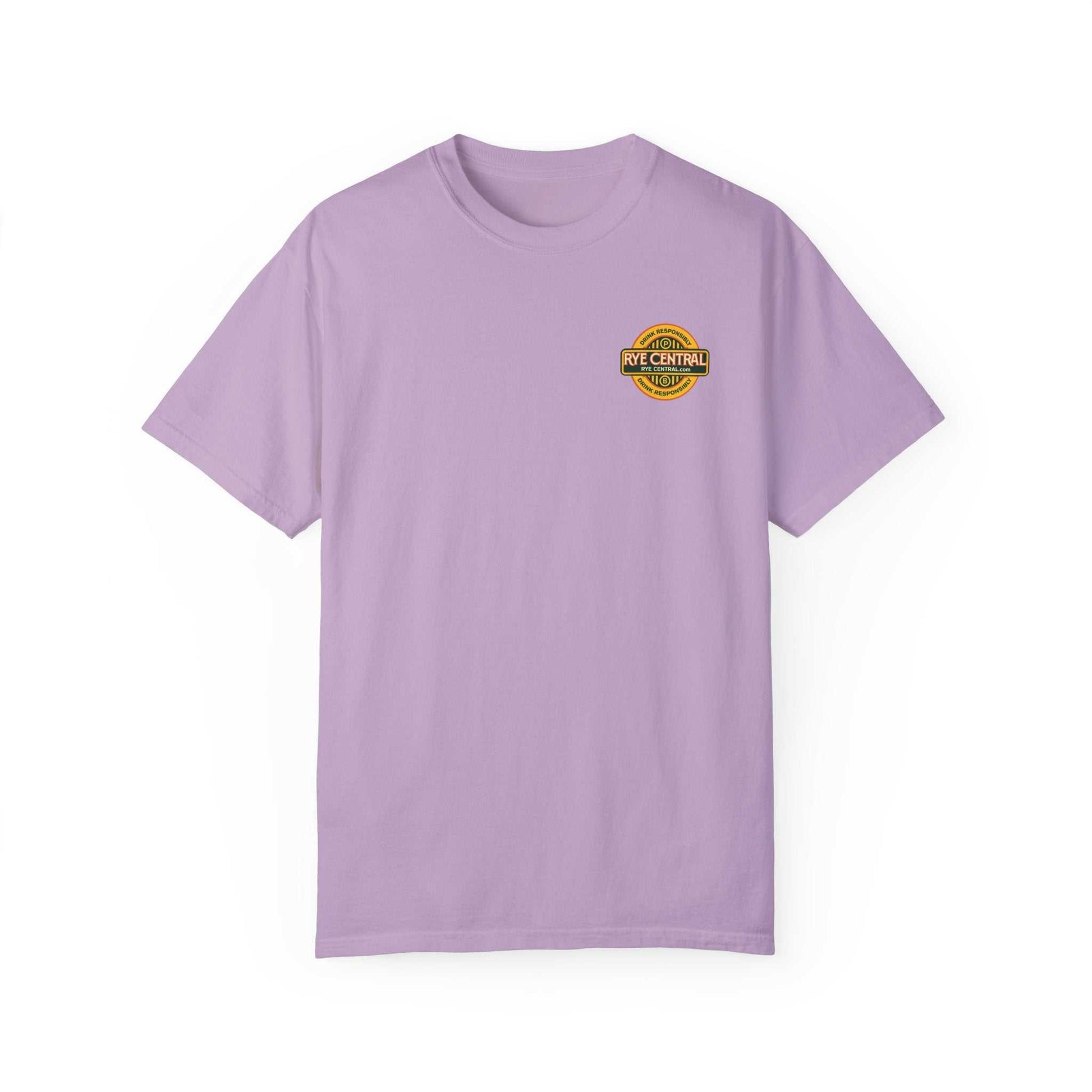 Front of lavender women's whiskey shirt with 'Rye Central' logo, combining comfort and whiskey pride for everyday wear.