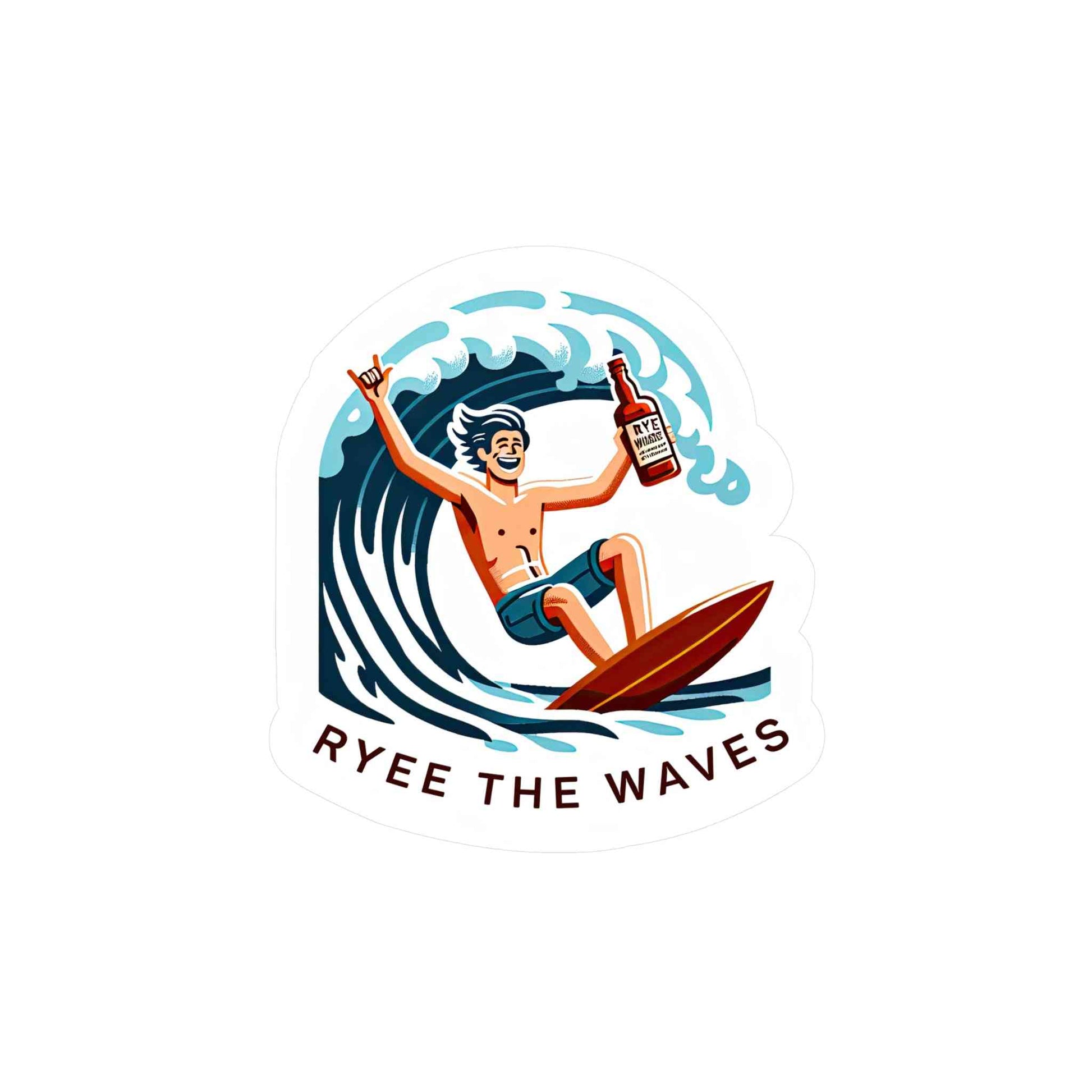 Water-resistant vinyl sticker of a surfer with whiskey bottle and 'Ryee the Waves' slogan, great for gifts or personal accessories.