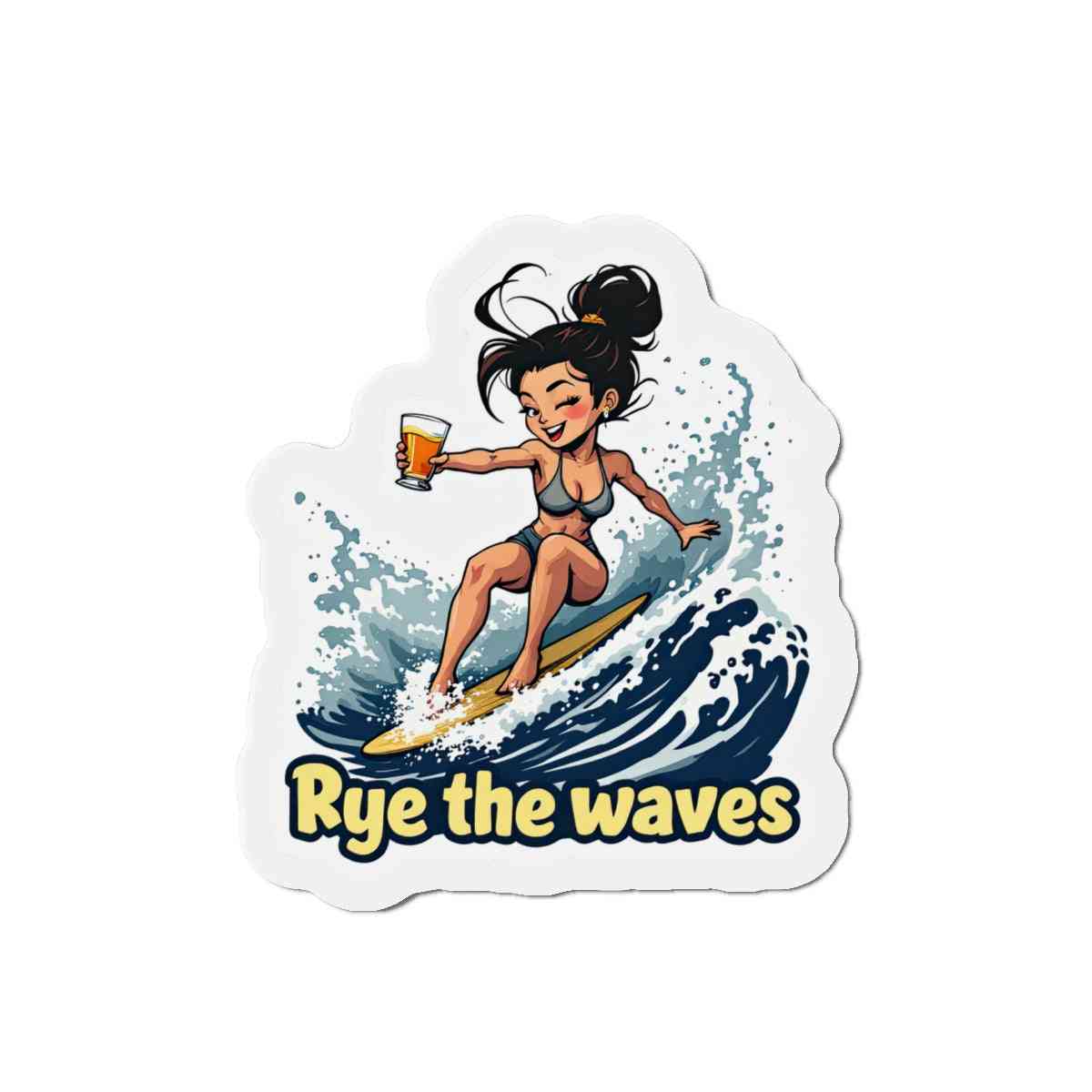 Playful whiskey-themed magnet with a surfing woman and 'Rye the waves' slogan, perfect for surf fans and kitchen decor.