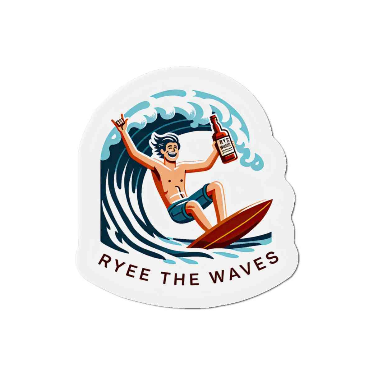 Kitchen Whiskey Magnet Décor Rye The Waves in a playful design with a surfer and whiskey bottle. Adds charm to any magnetic surface.