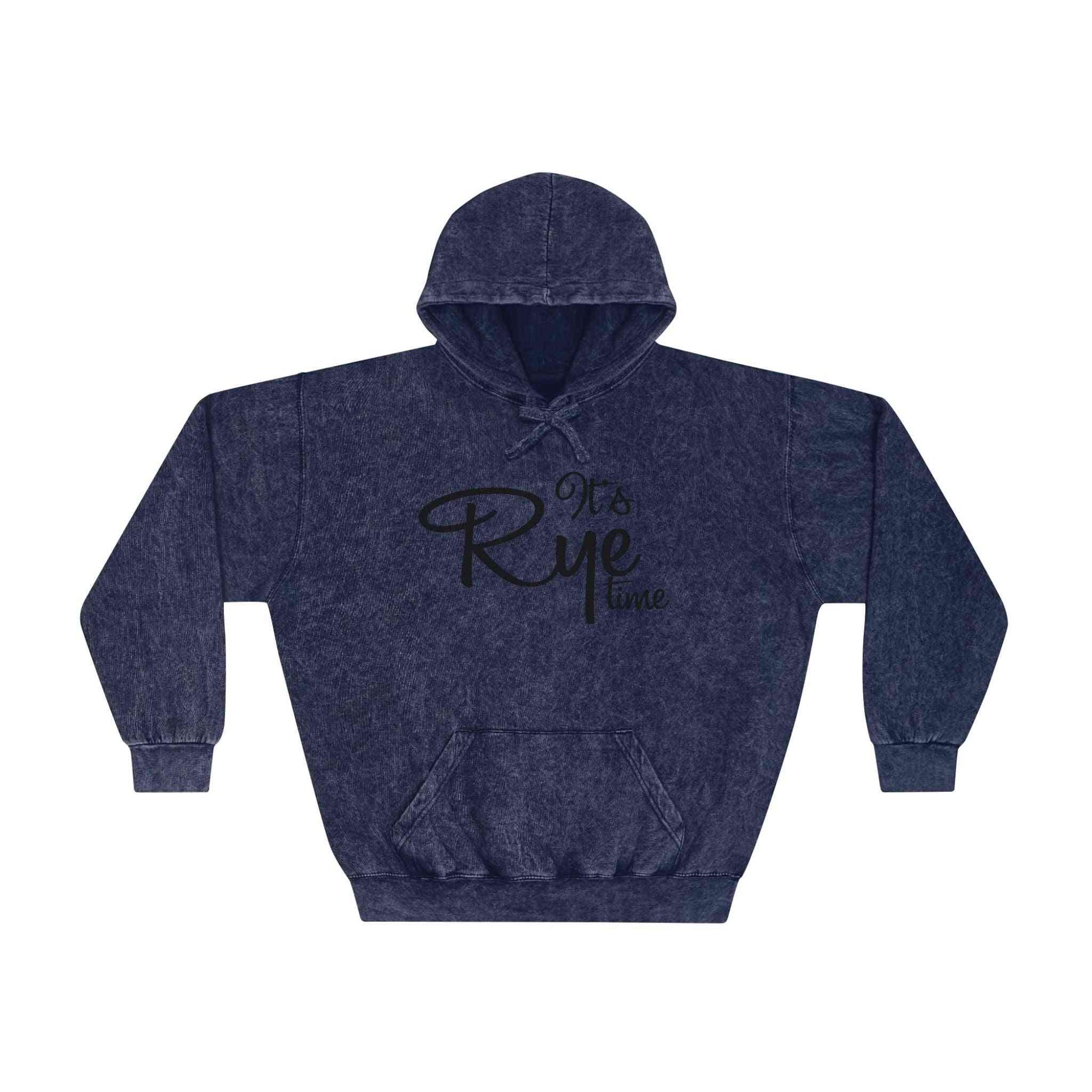 Dark blue Mineral Wash Whiskey Hoodie with 'It's Rye Time' slogan, perfect for whiskey fans seeking comfort and vintage style.