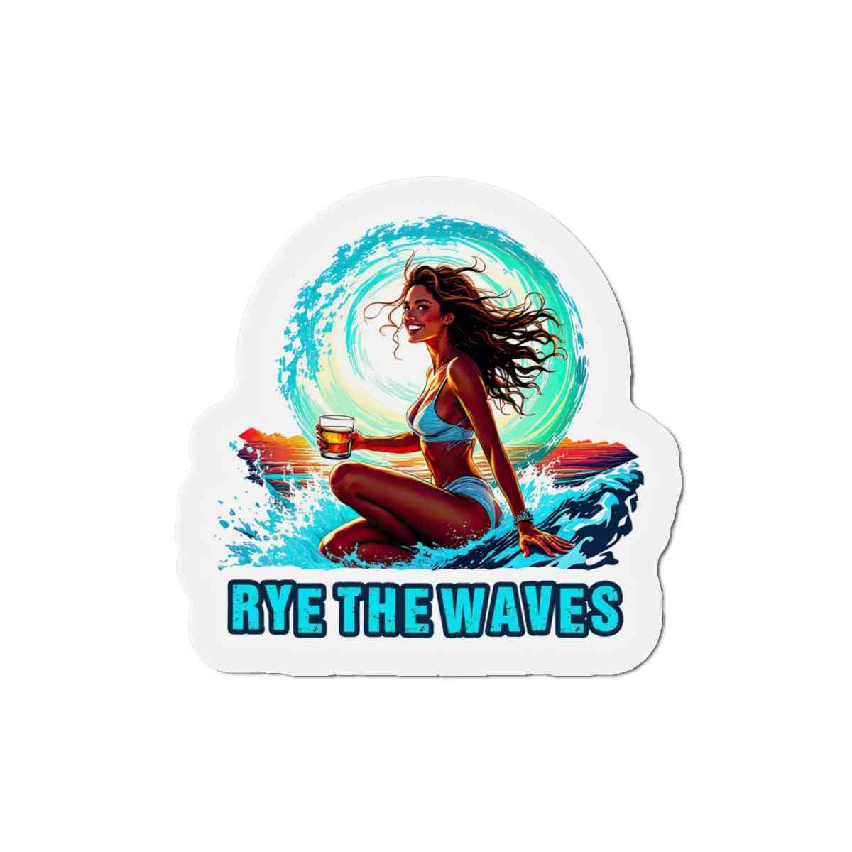 Surfer Girl Whiskey Magnet with a retro surf vibe and rye drink in hand, ideal for fridge decoration or holiday gift picks.