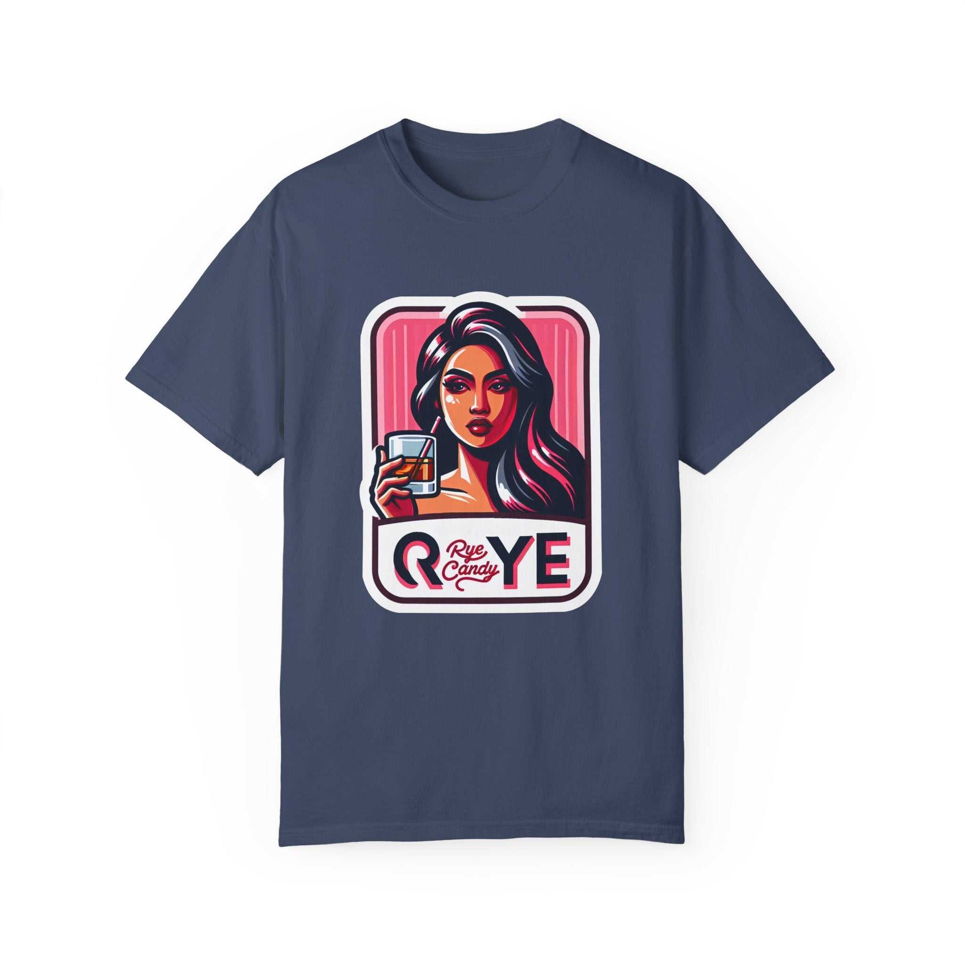 Navy funny whiskey T-shirt with bold woman and whiskey illustration—ideal for whiskey lovers who enjoy humorous apparel.
