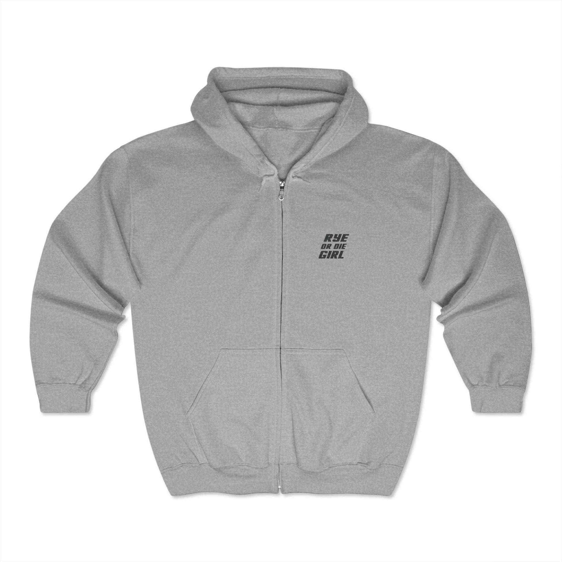 Dark gray women’s whiskey hoodie with 'Rye or Die Girl' design, durable zip-up sweatshirt for whiskey enthusiasts.