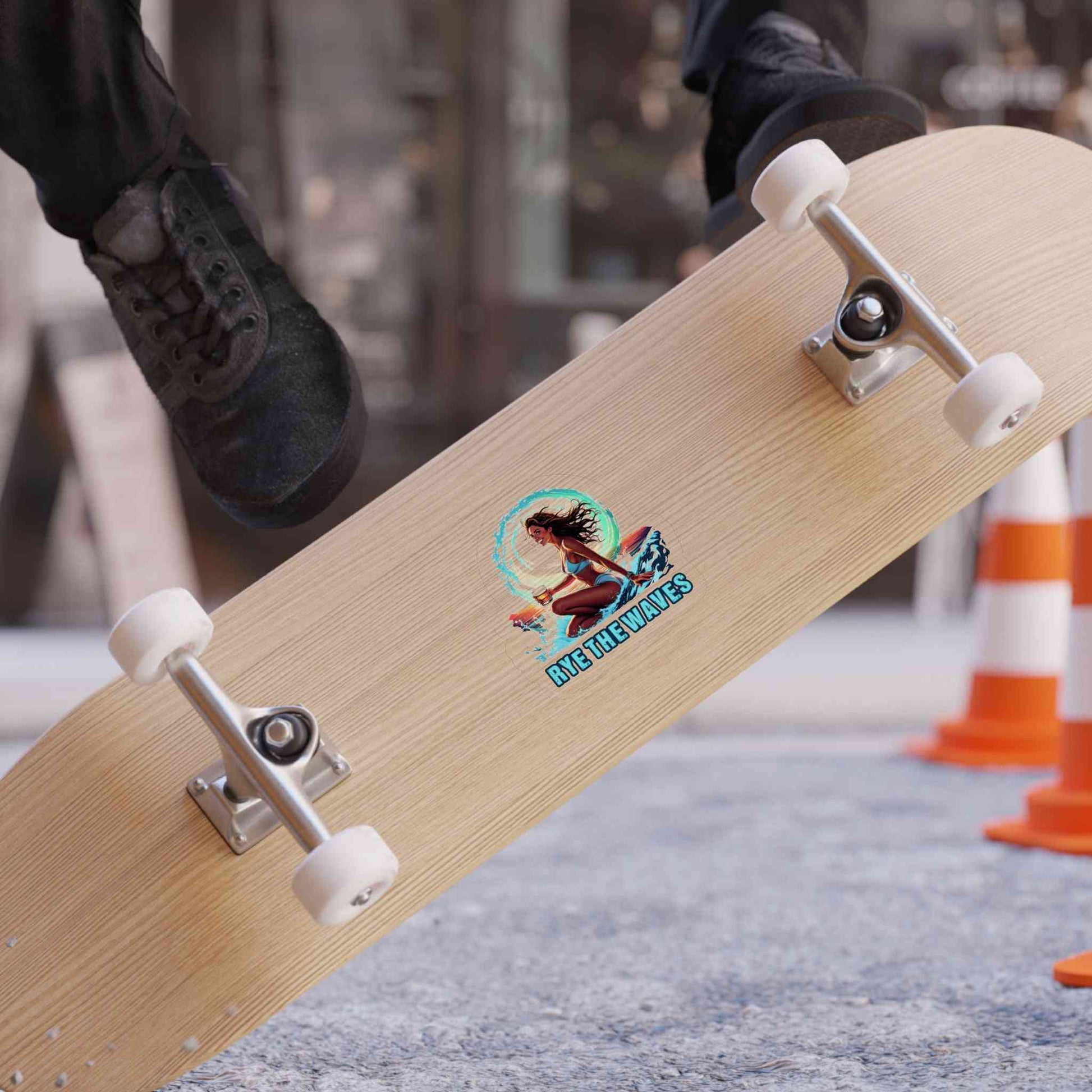 Playful Whiskey Sticker Rye The Waves on skateboard deck, ideal for customizing outdoor gear with bold, surf-inspired style.