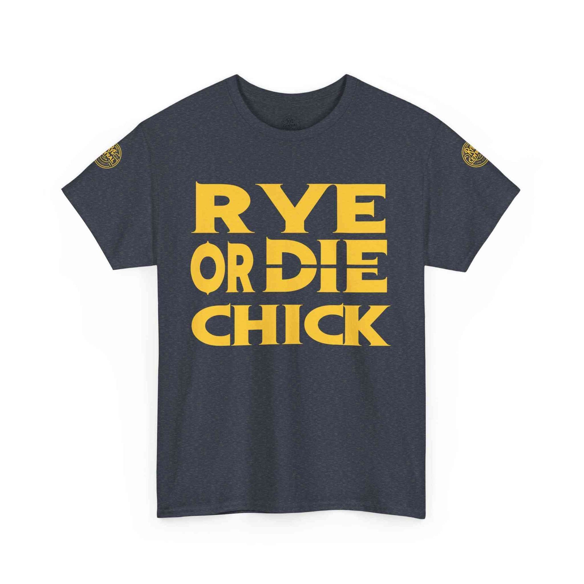 Heather navy women's t-shirt with yellow 'Rye or Die Chick' slogan, a fun and comfy choice for whiskey lovers' wardrobes.