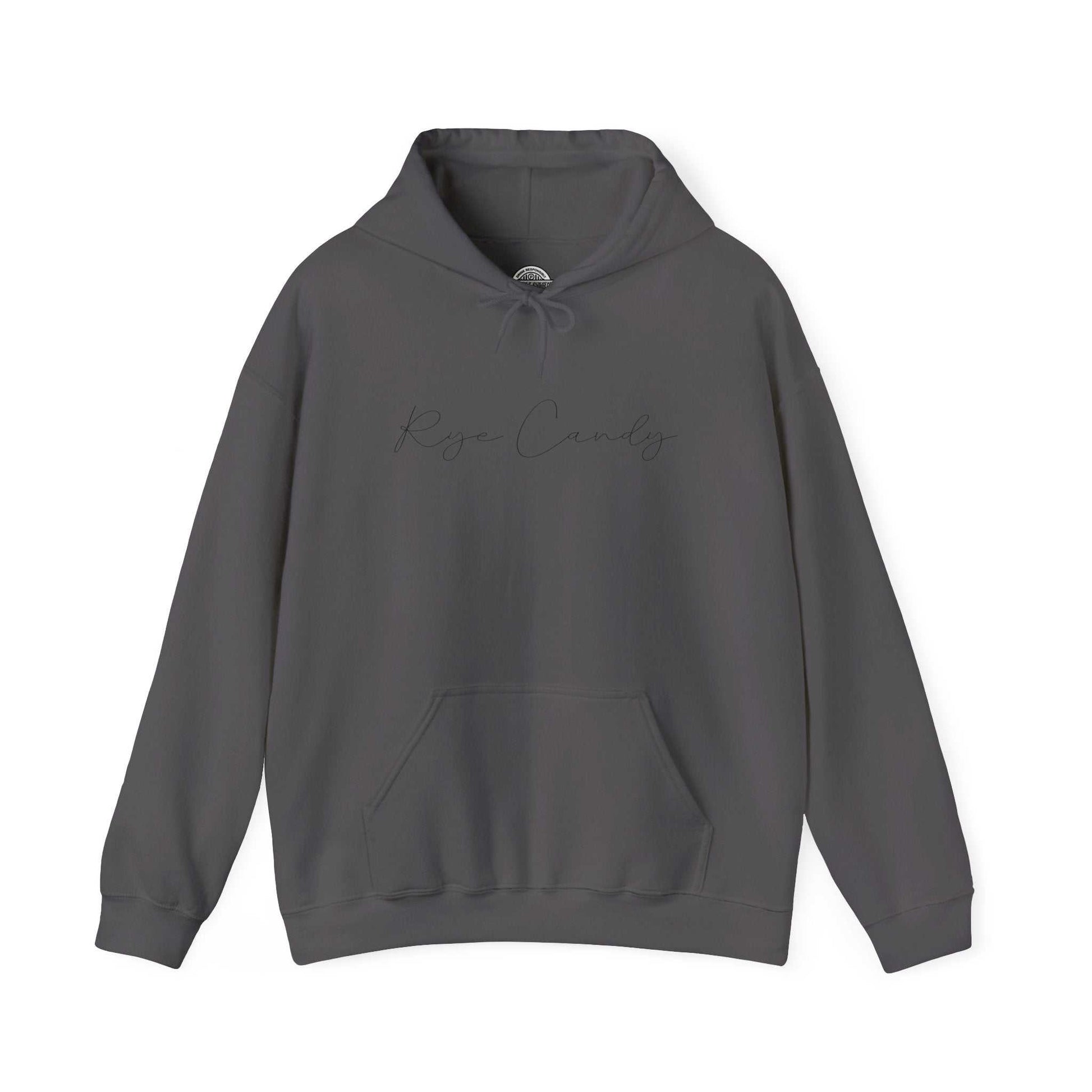 Charcoal Graphic Whiskey Hooded Sweatshirt with subtle 'Rye Candy' text, blending cozy comfort with a moody, stylish whiskey vibe.