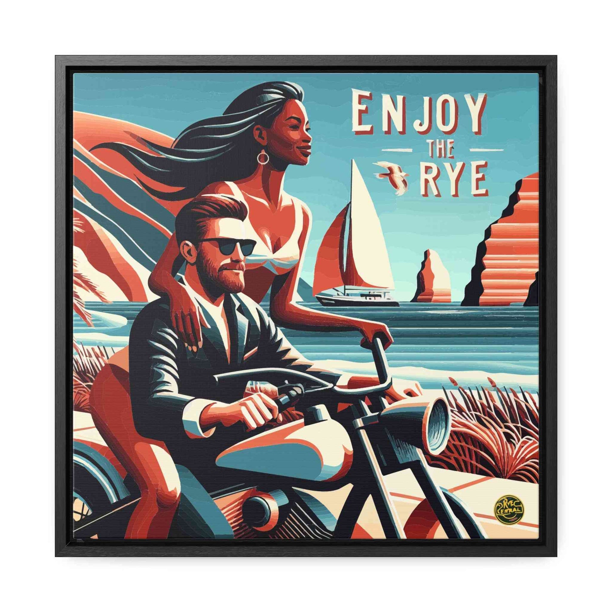 Framed Whiskey Canvas Art Enjoy The Rye with a vintage couple on a motorcycle, great for whiskey-themed home and living spaces.