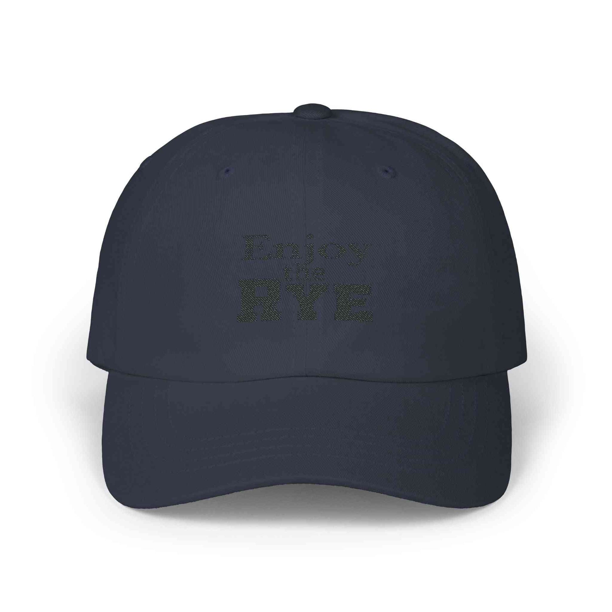 Navy blue Classic Whiskey Drinking Hat with dark 'Enjoy the RYE' embroidery, a sleek accessory for whiskey lovers.
