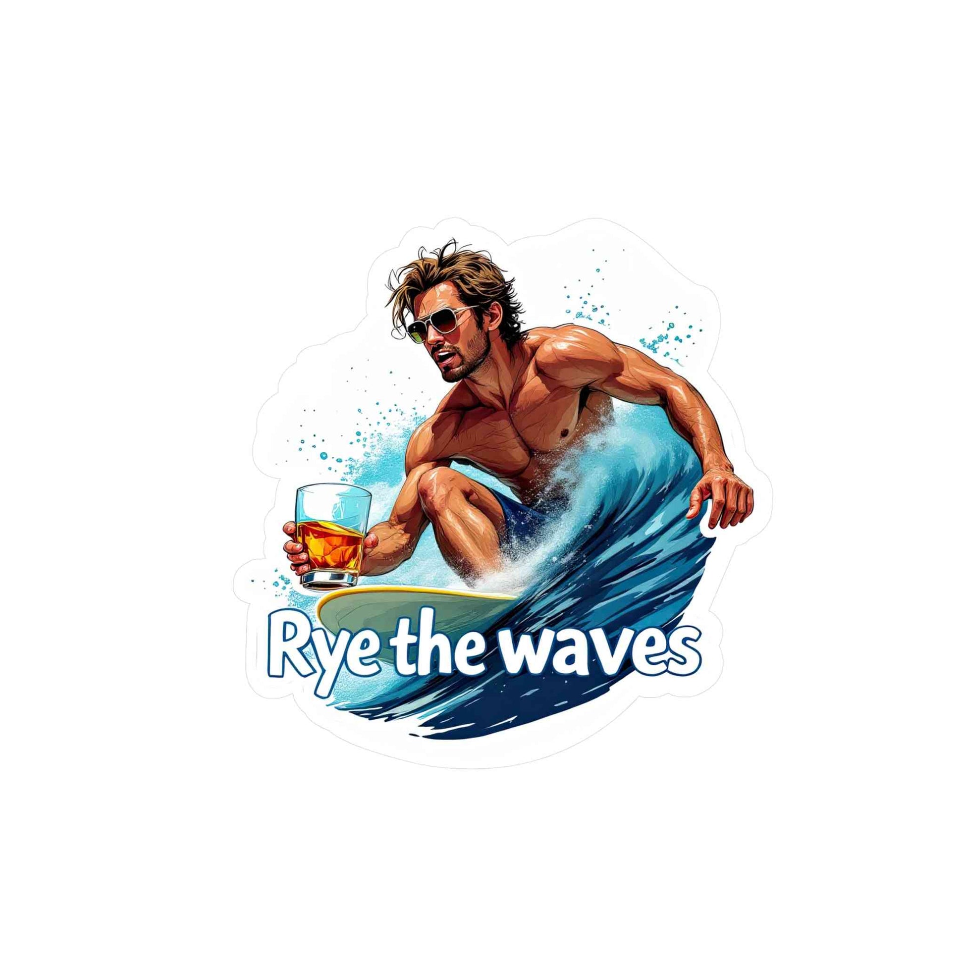 Surfers Whiskey Decal with muscular surfer riding a wave holding a whiskey glass, labeled 'Rye the waves' in bold font.