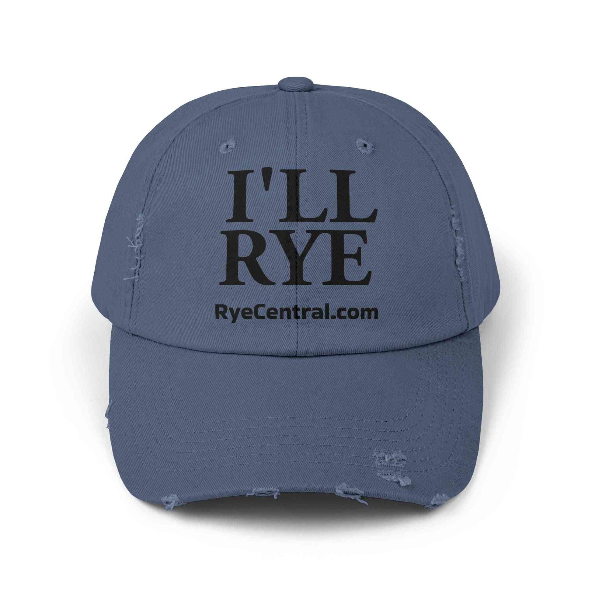 Blue unisex distressed whiskey cap with 'I'LL RYE' slogan and RyeCentral.com logo, combining comfort and rye-inspired fashion.