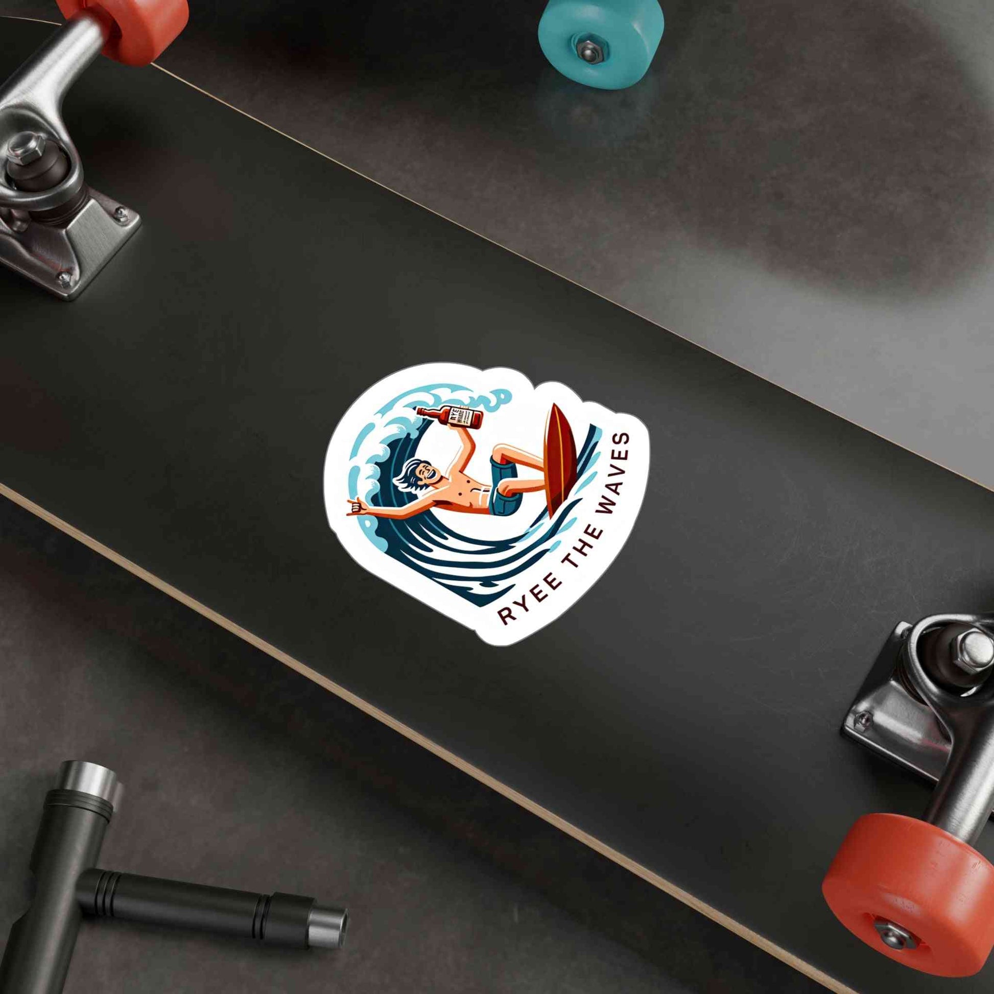 Durable vinyl whiskey decal on skateboard featuring a surfer holding a whiskey bottle with 'Ryee the Waves' text, ideal for outdoor gear.