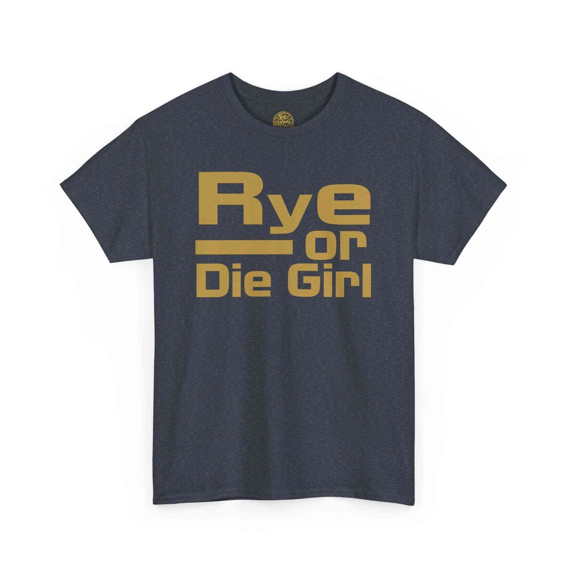 Heather navy whiskey t-shirt for women with gold 'Rye or Die Girl' print, great for casual whiskey-themed fashion.