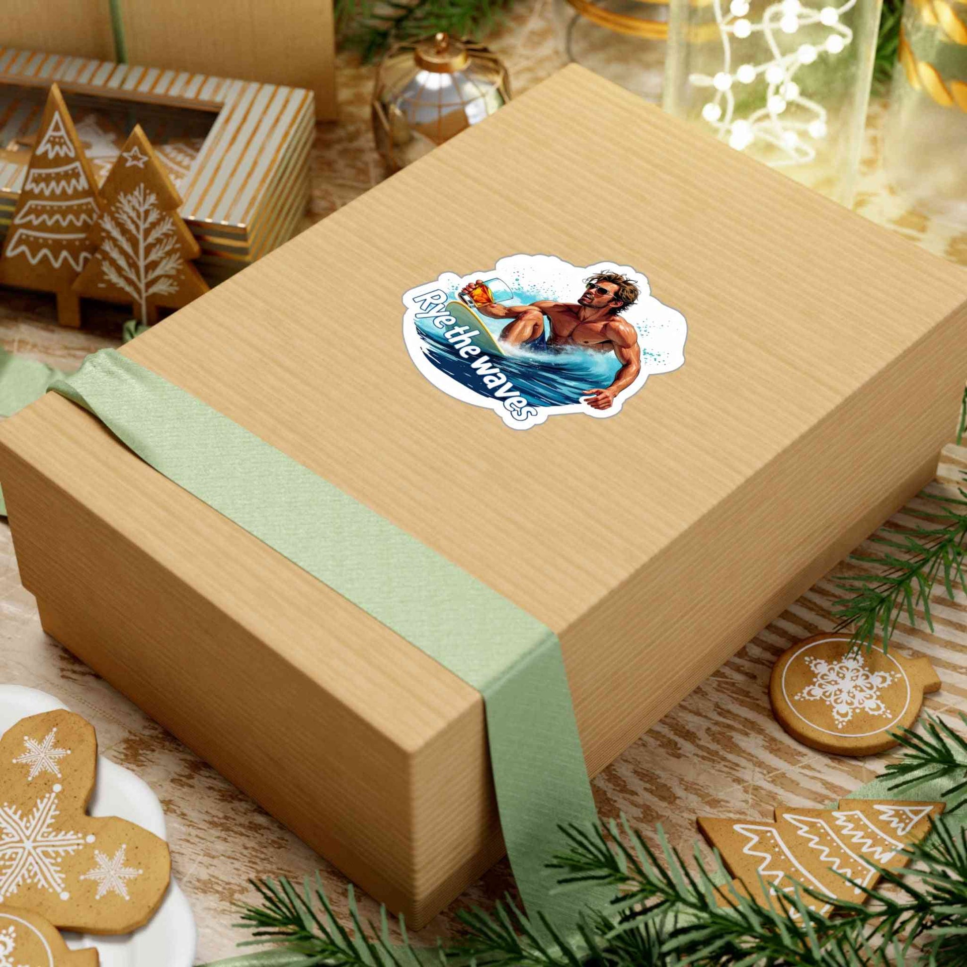 Surfers Whiskey Decal on holiday gift box with 'Rye the waves' design, perfect for festive packaging or surf-themed presents.