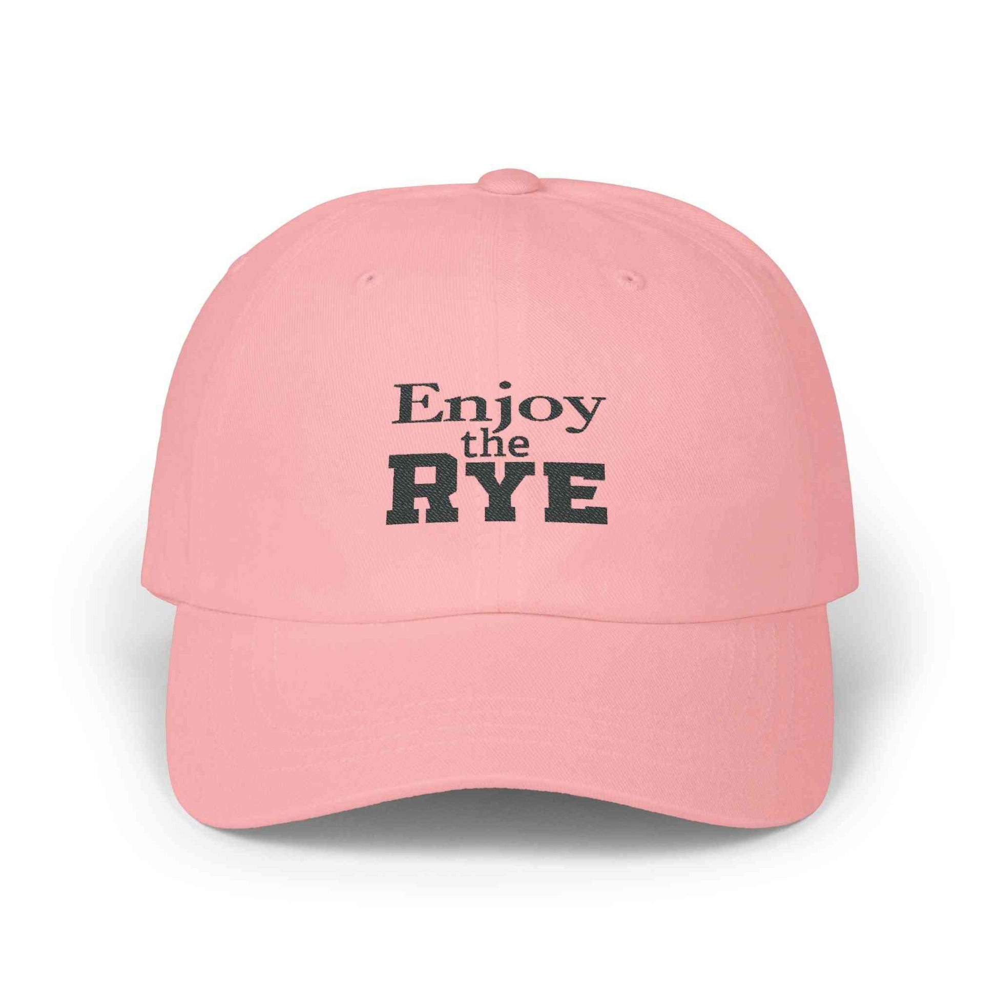 Pink Classic Whiskey Drinking Hat with bold 'Enjoy the RYE' embroidery, a fun and stylish gift for whiskey fans.