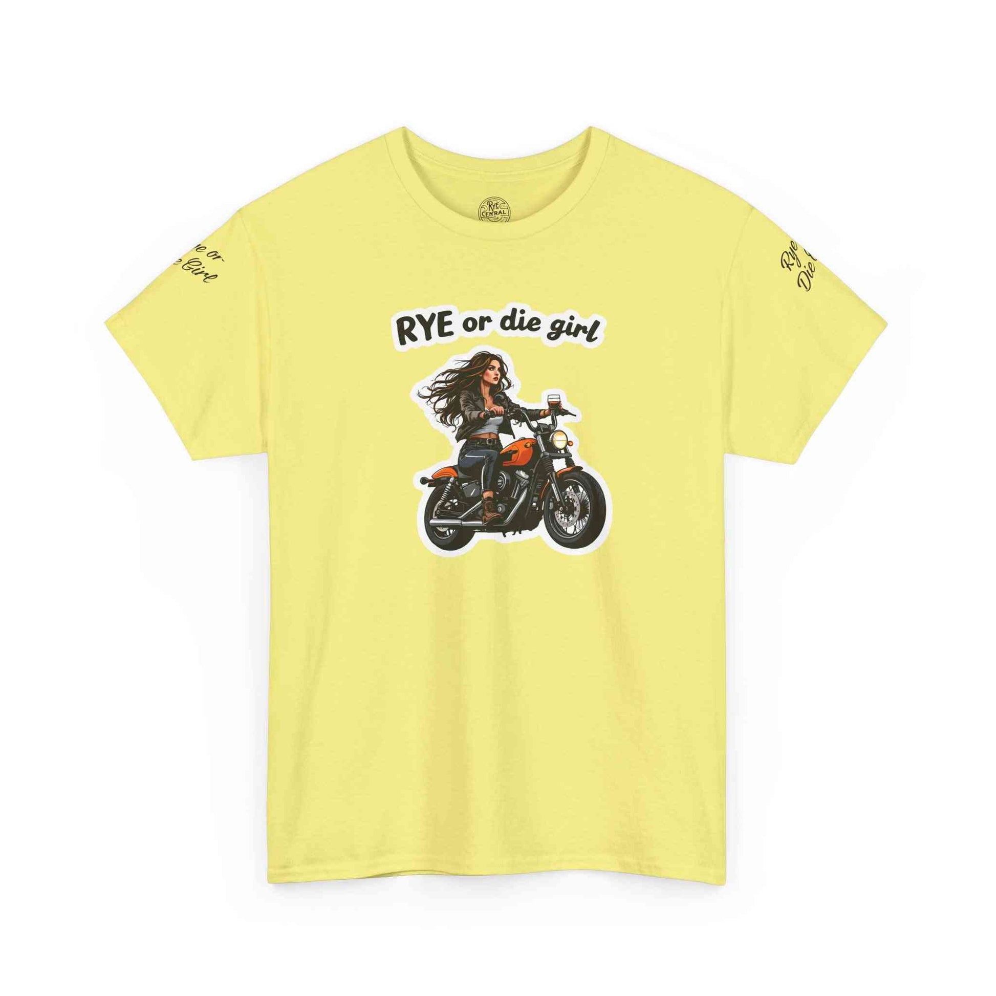 Yellow funny whiskey shirt with 'Rye or Die Girl' text and biker girl graphic, perfect for whiskey lovers who enjoy vibrant fashion.