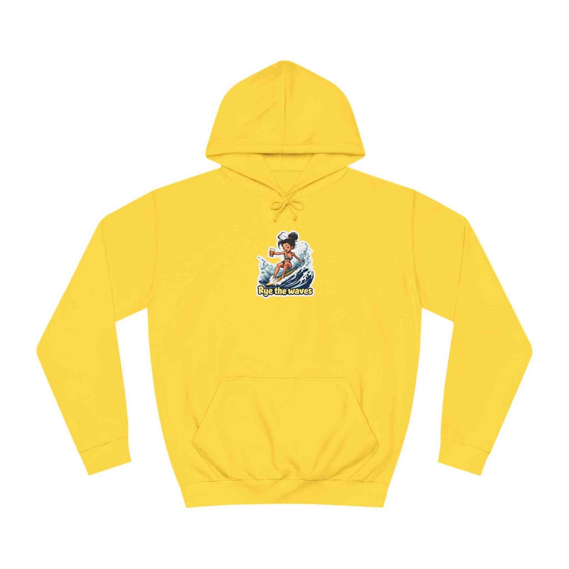 Bright yellow Rye Whiskey Surf Hoodie with front surf print and kangaroo pocket, offering a bold, cozy look for beach lovers and trendsetters.