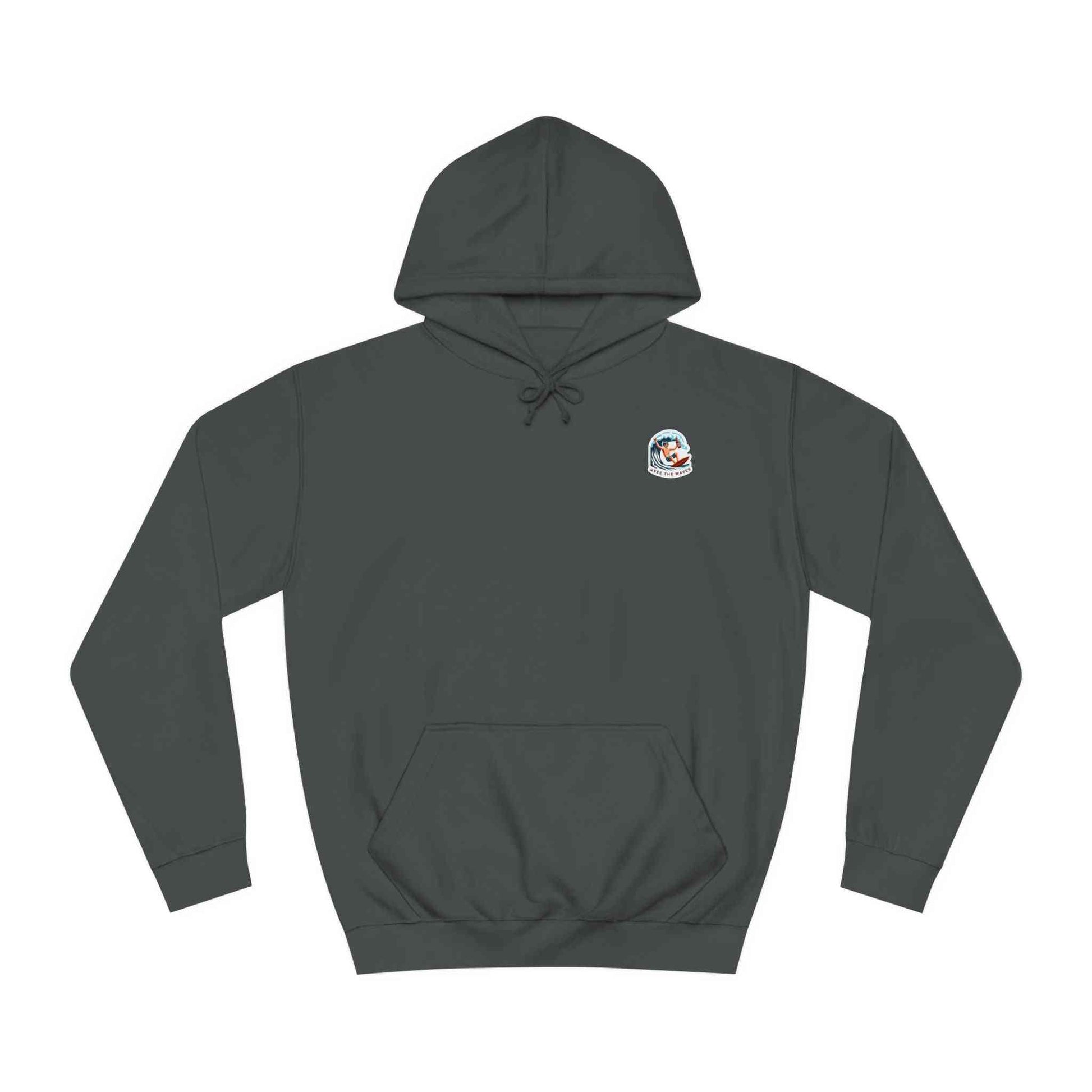 Dark gray Coastal Whiskey Hoodie Unisex featuring a small colorful surf logo on the chest, designed for cozy, ethical fashion lovers.