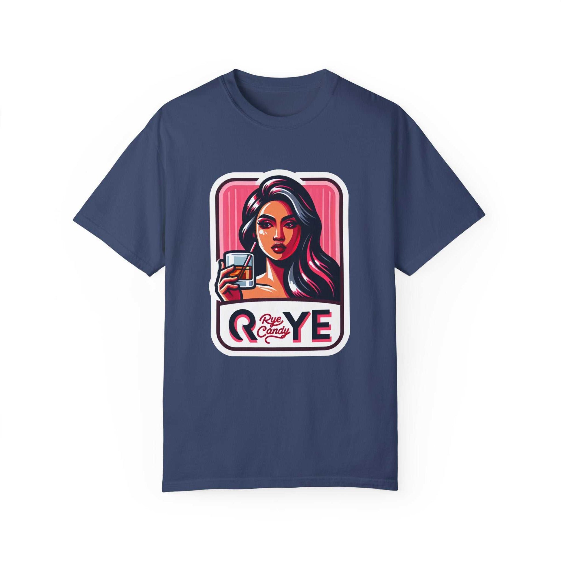 Duplicate navy funny whiskey T-shirt featuring 'Rye Candy' graphic—adds playful flair to any whiskey fan's wardrobe.