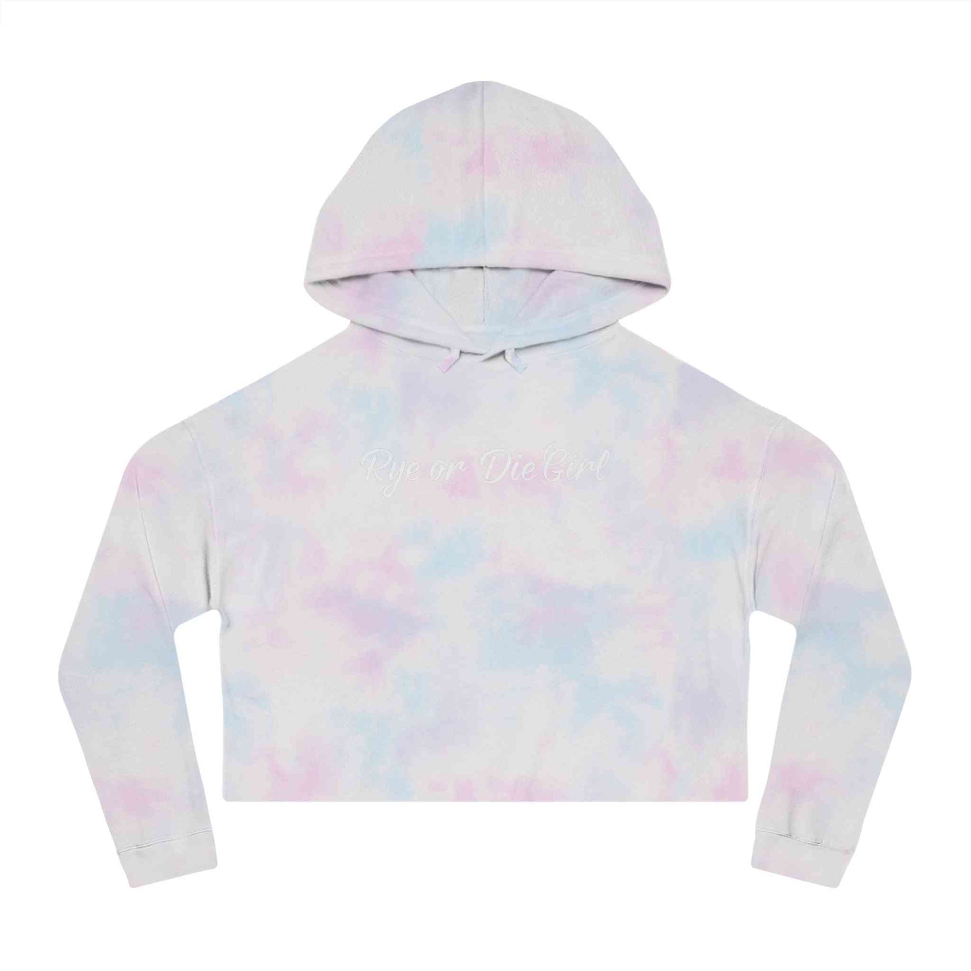 Tie-dye cropped whiskey sweatshirt hoodie with pastel hues and 'Rye or Die Girl' print, a trendy choice for lounge or streetwear.