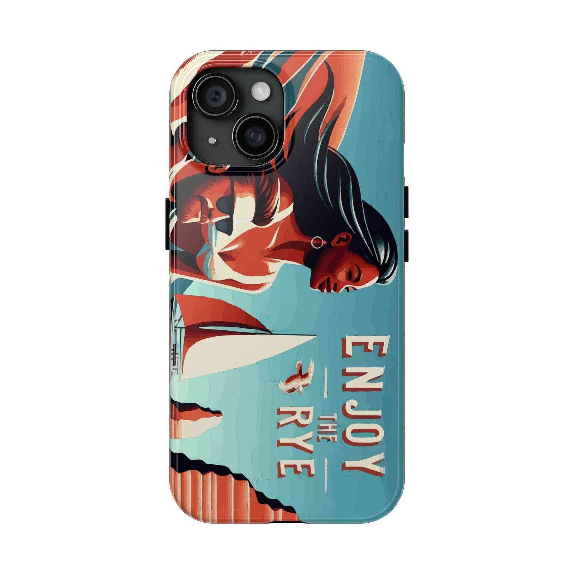 Alcohol phone case with 'Enjoy the Rye' design featuring a woman sailing, offering durable protection for whiskey lovers.