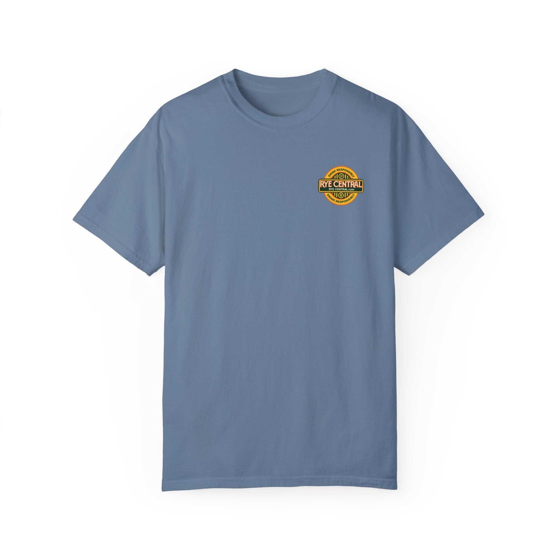 Slate blue Rye Or Die Chick T-Shirt with Rye Central logo on front, perfect whiskey graphic tee for women who love bold fashion.