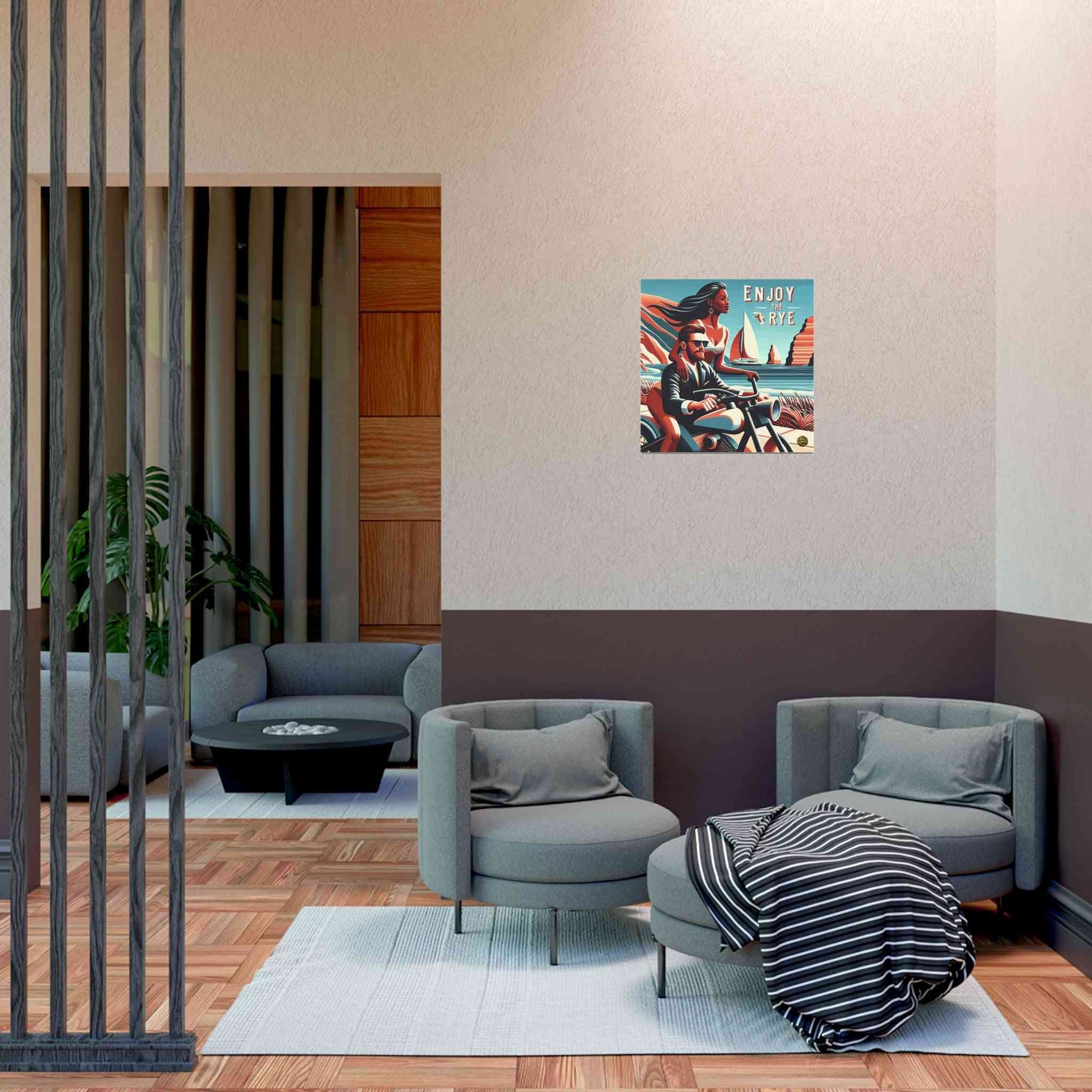 Whiskey Poster Elegance Enjoy the Rye Design displayed in a modern lounge with gray armchairs and wood flooring, adding a bold artistic touch.