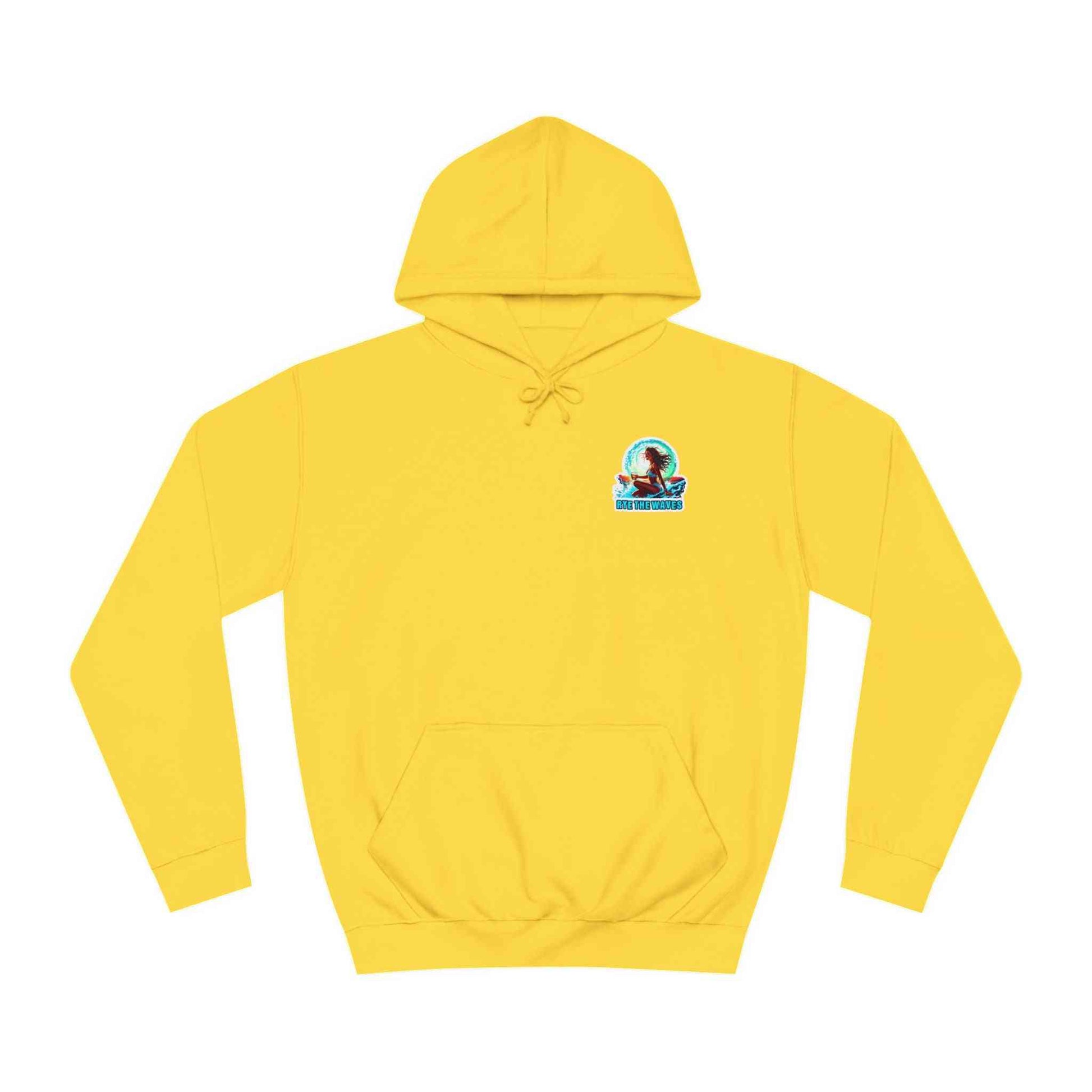 Bright yellow College Whiskey Hoodie for Comfort and Style with front logo and loose fit, perfect for bold, cozy streetwear looks.