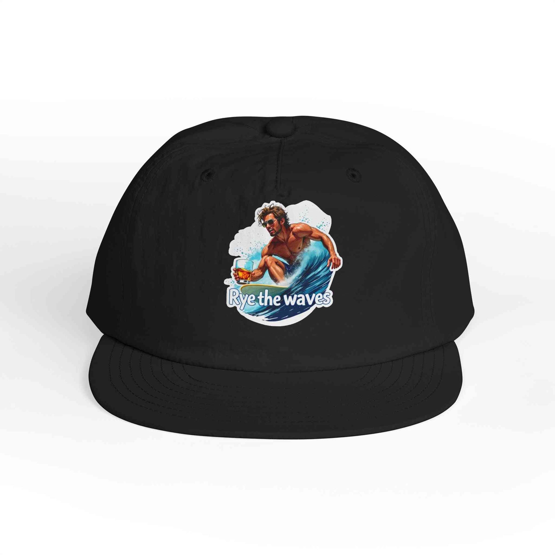 Black Whiskey Bent Hat for Surfers Eco-Friendly Cap with colorful 'Rye the Waves' surfer print, combining style and sustainability for surfers.