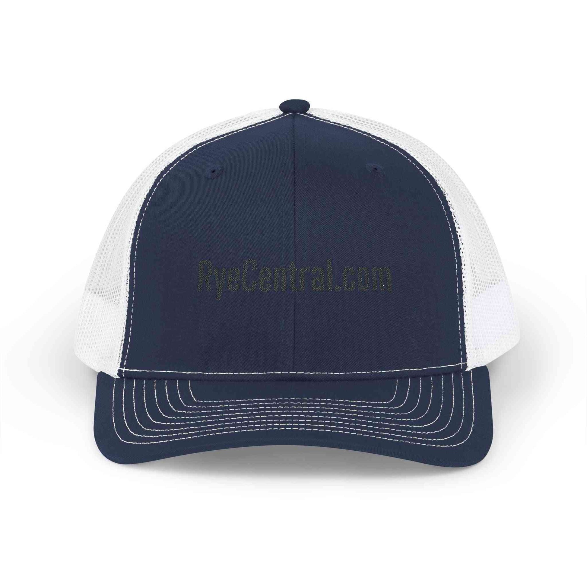Navy blue and white Whiskey Trucker Hat with RyeCentral.com embroidered, offering a timeless look with breathable mesh back.