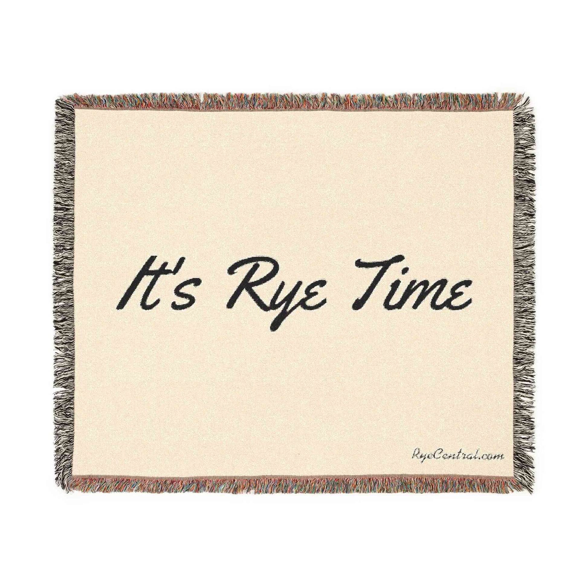 Soft cotton whiskey blanket in neutral tones with 'It's Rye Time' script, ideal for cozy nights and stylish home living spaces.