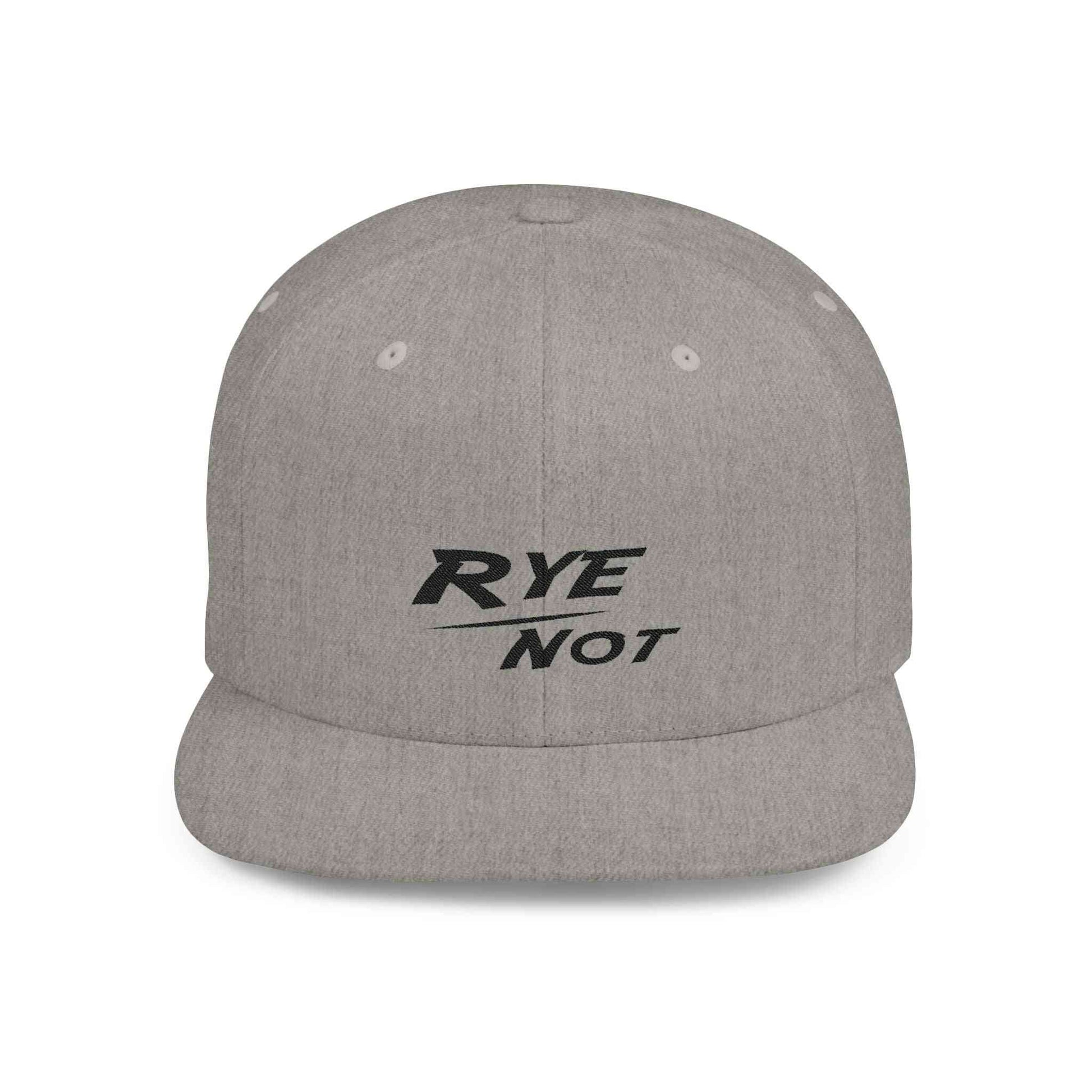 Light gray Whiskey Flat Bill Dad Cap with black 'RYE NOT' embroidery, a fashionable unisex hat for casual whiskey lovers.