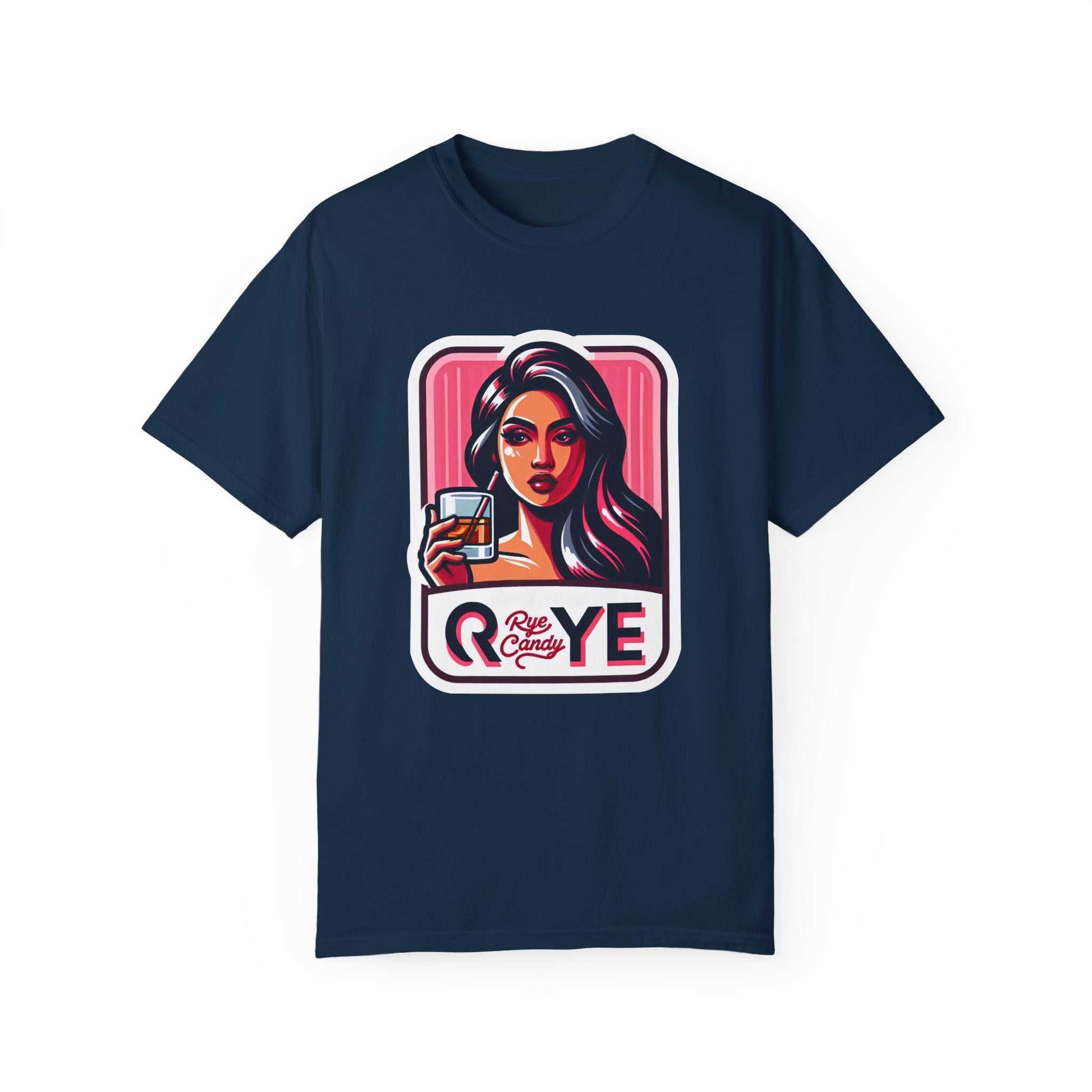 Dark navy funny whiskey T-shirt with vibrant 'Rye Candy' artwork—great for whiskey fans who enjoy witty fashion.