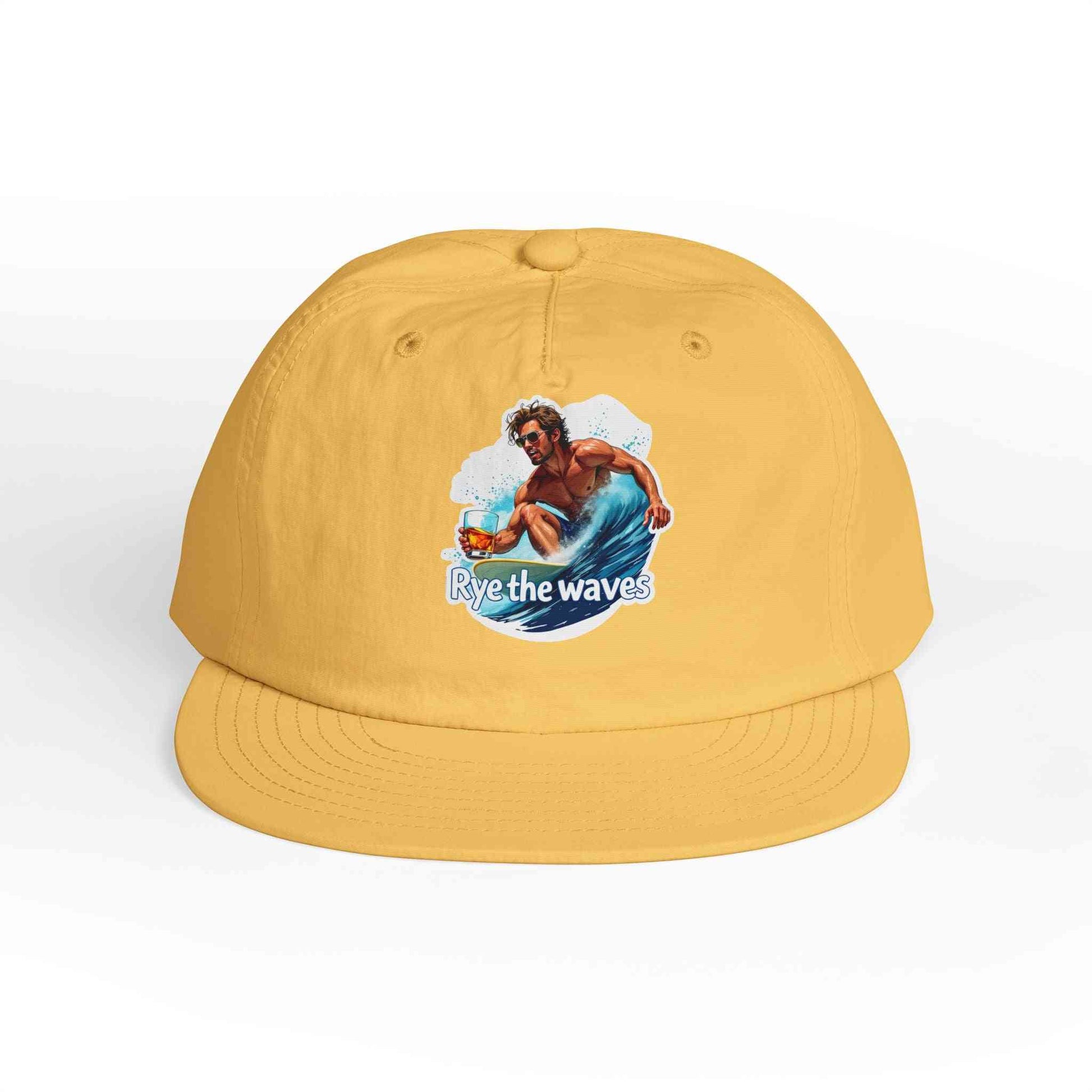 Yellow Whiskey Bent Hat for Surfers Eco-Friendly Cap with 'Rye the Waves' surfer design, perfect for sunny beach days and eco-conscious wearers.