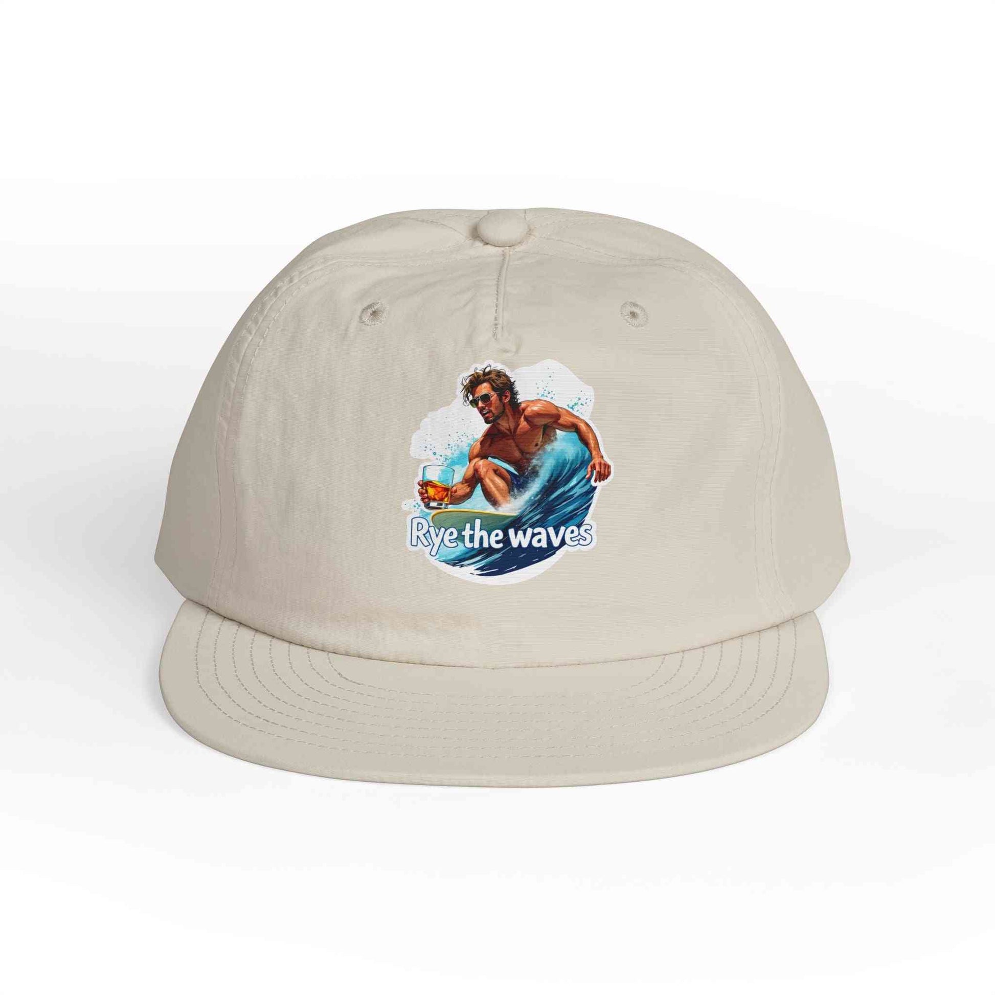 Off-white Whiskey Bent Hat for Surfers Eco-Friendly Cap featuring a wave-riding surfer print, ideal for sustainable fashion fans.